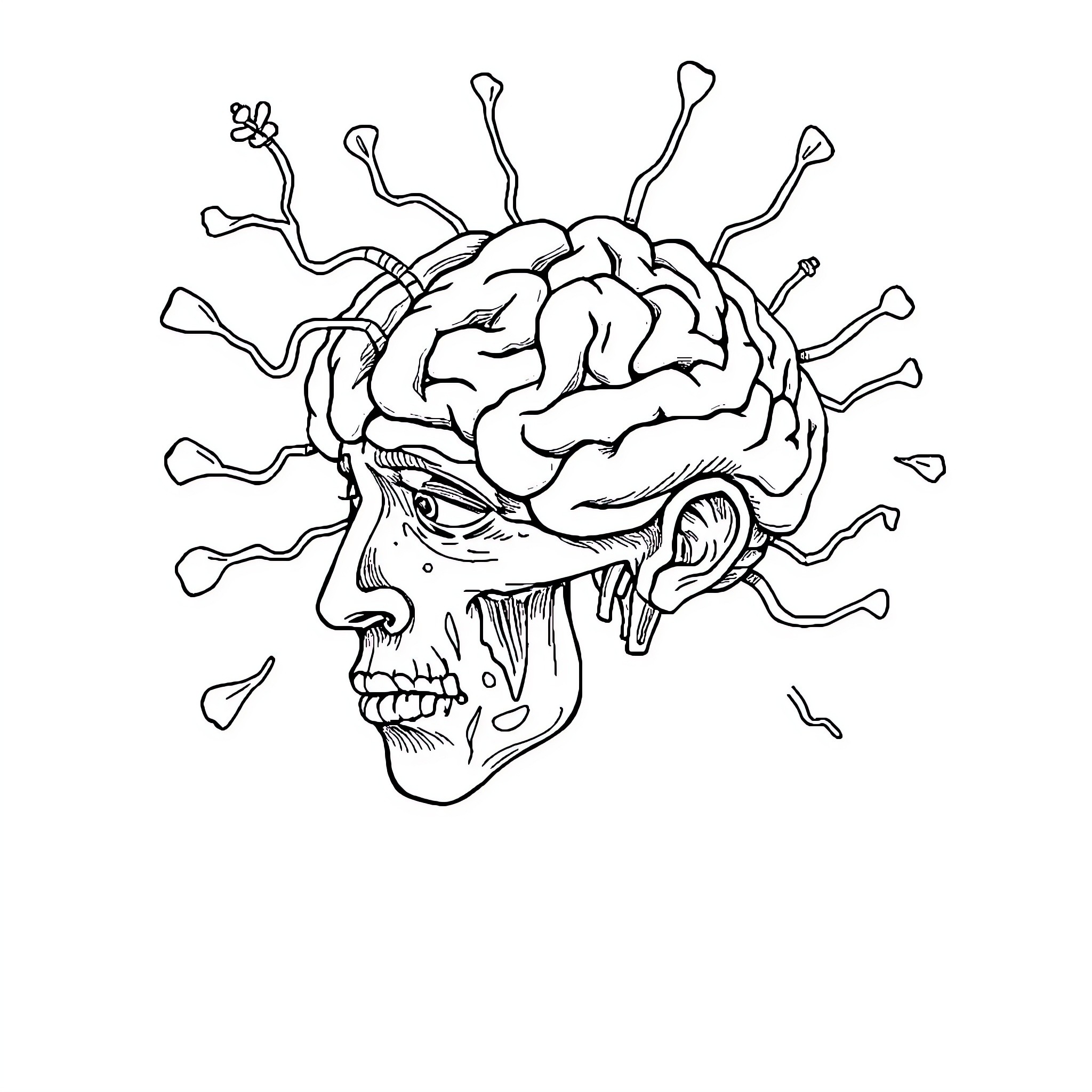 Brain Rot: Grotesque Skull with Exposed Brain Coloring Page (free black-and-white line drawing printable PDF for all, from beginners to advanced learners, including children, teens, adults, and seniors)
