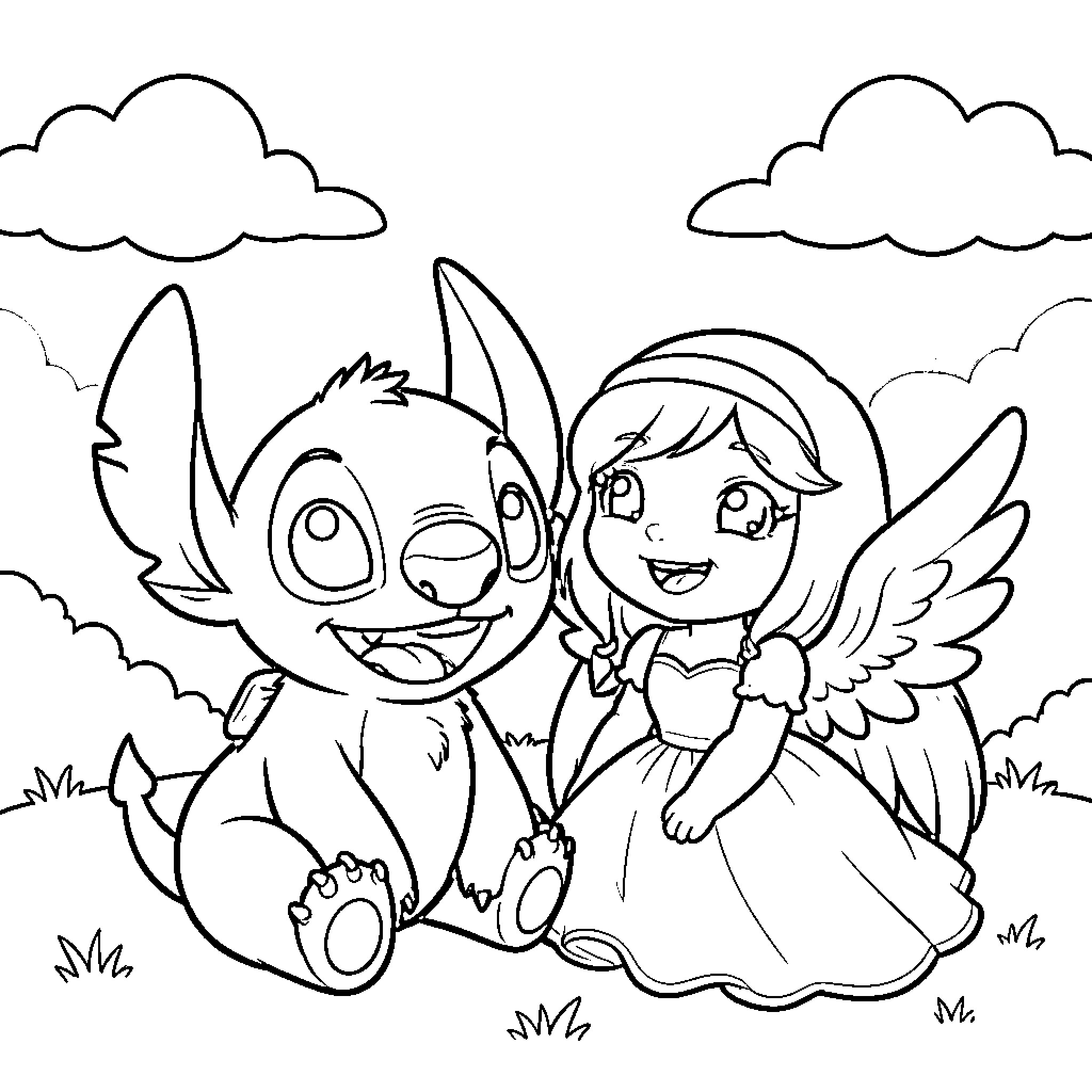 Stitch and Angel playing in the field Coloring Page (free black-and-white line drawing printable PDF for all, from beginners to advanced learners, including children, teens, adults, and seniors)
