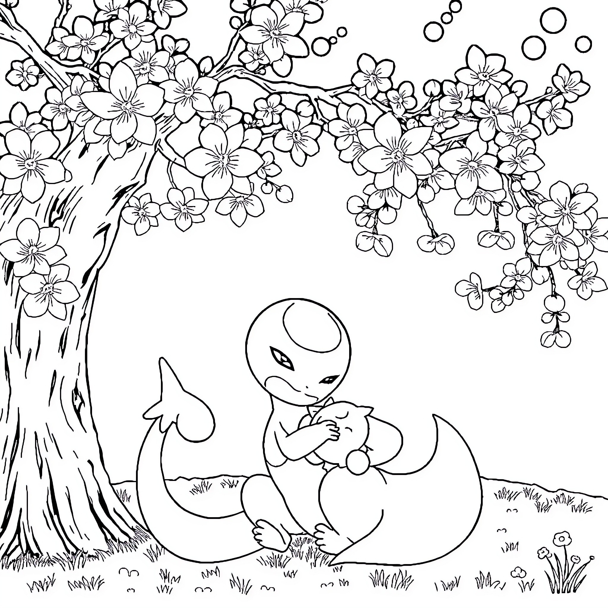 Mewtwo resting peacefully under blossoming tree Coloring Page (free black-and-white line drawing printable PDF for all, from beginners to advanced learners, including children, teens, adults, and seniors)