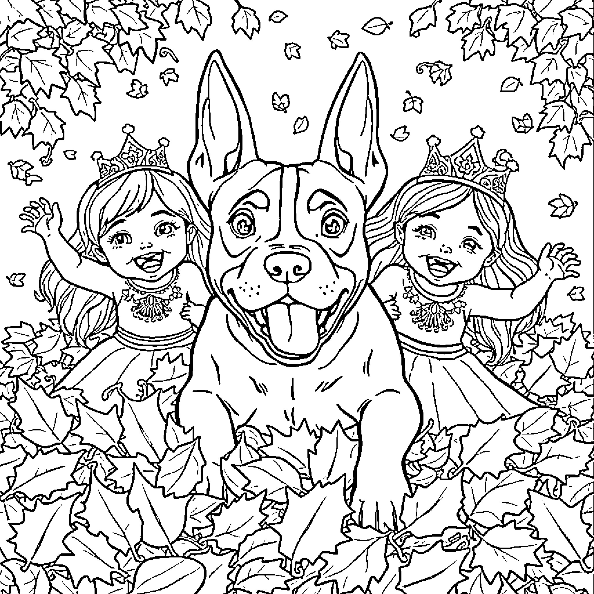 American Staffordshire Terrier in Autumn with Two Girls Coloring Page (free black-and-white line drawing printable PDF for all, from beginners to advanced learners, including children, teens, adults, and seniors)