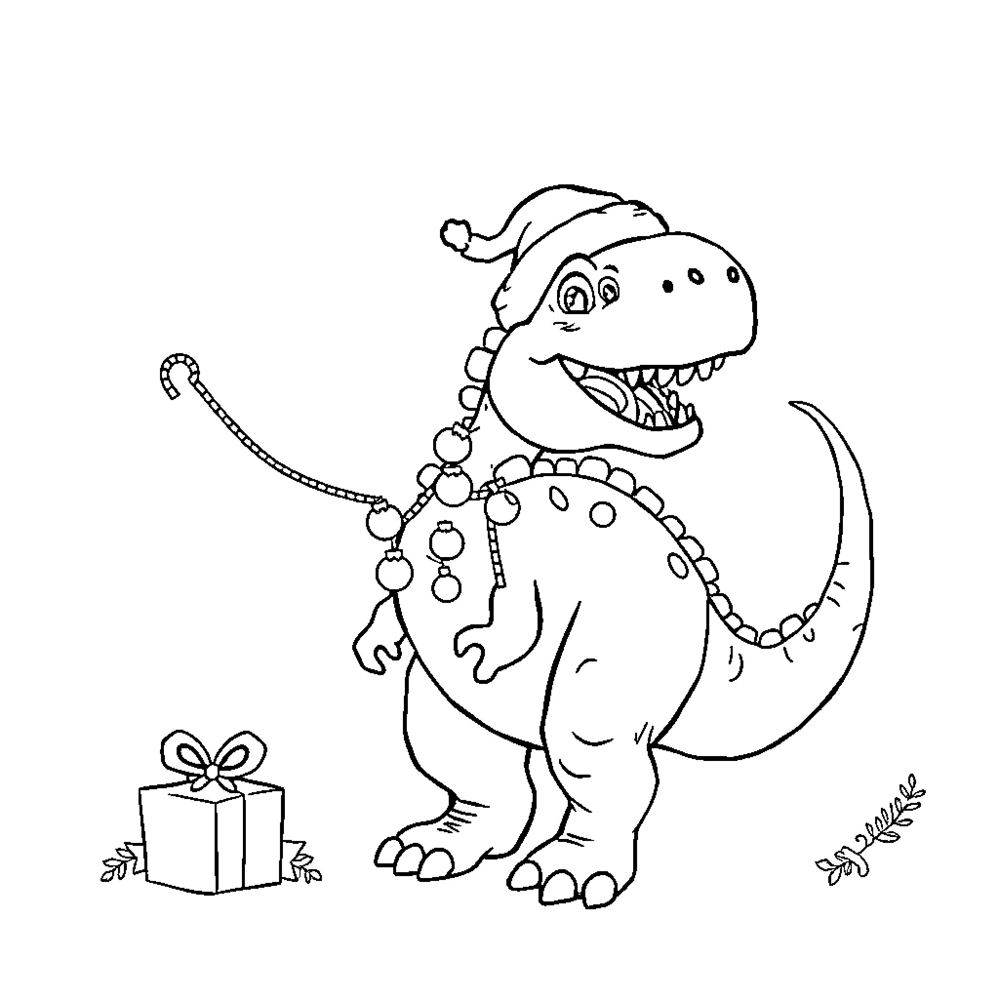 Dinosaur wearing Santa hat and beaded necklace with gift Coloring Page (free black-and-white line drawing printable PDF for all, from beginners to advanced learners, including children, teens, adults, and seniors)