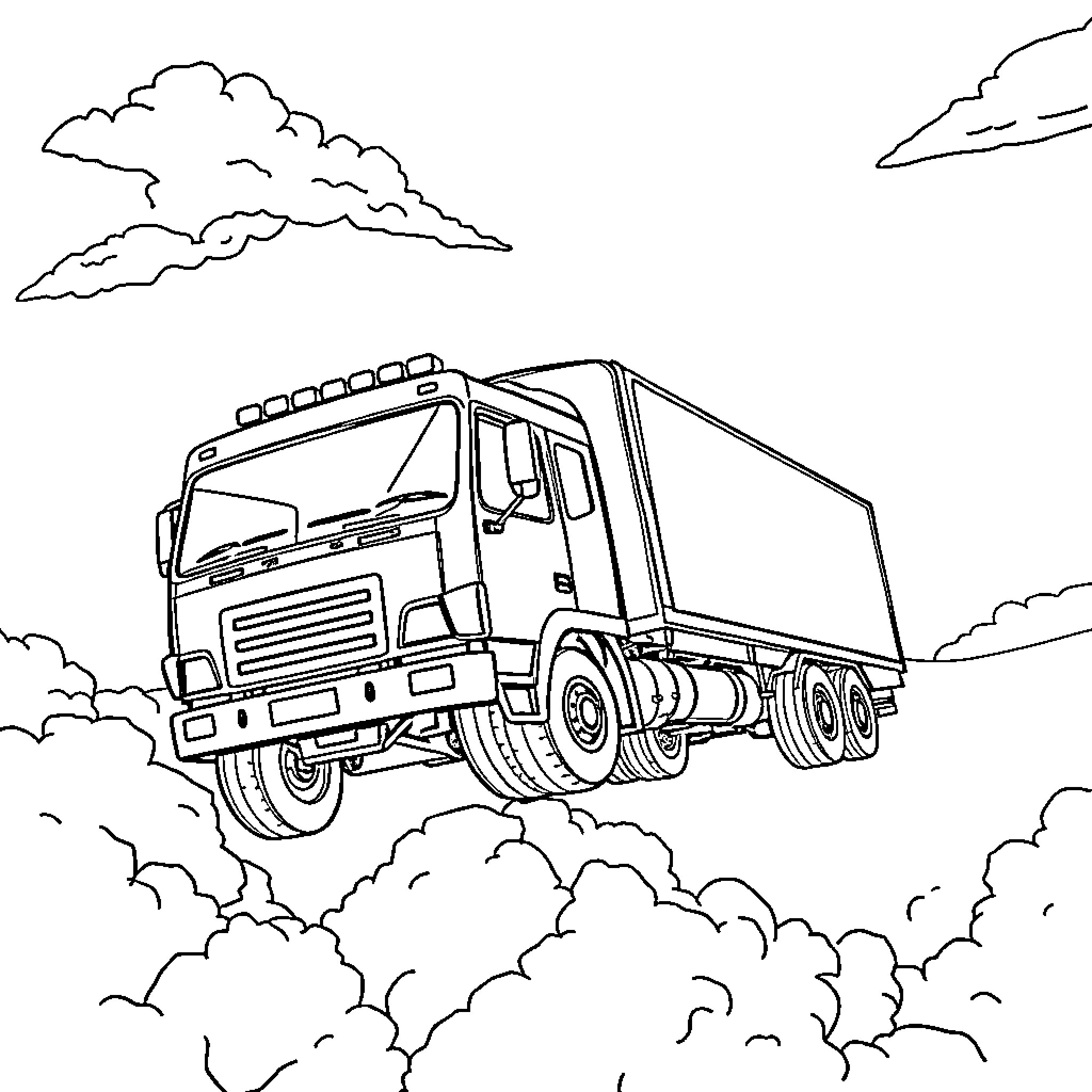 Flying Truck traversing through cloudy sky Coloring Page (free black-and-white line drawing printable PDF for all, from beginners to advanced learners, including children, teens, adults, and seniors)
