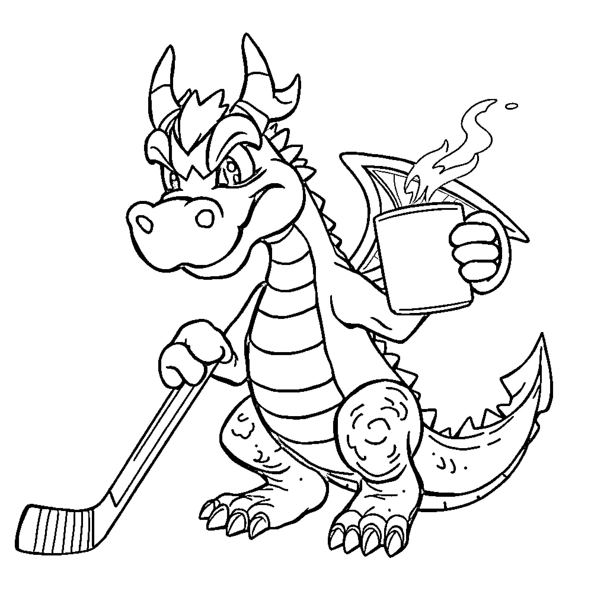 Dragon Holding Drink and Hockey Stick Coloring Page (free black-and-white line drawing printable PDF for all, from beginners to advanced learners, including children, teens, adults, and seniors)