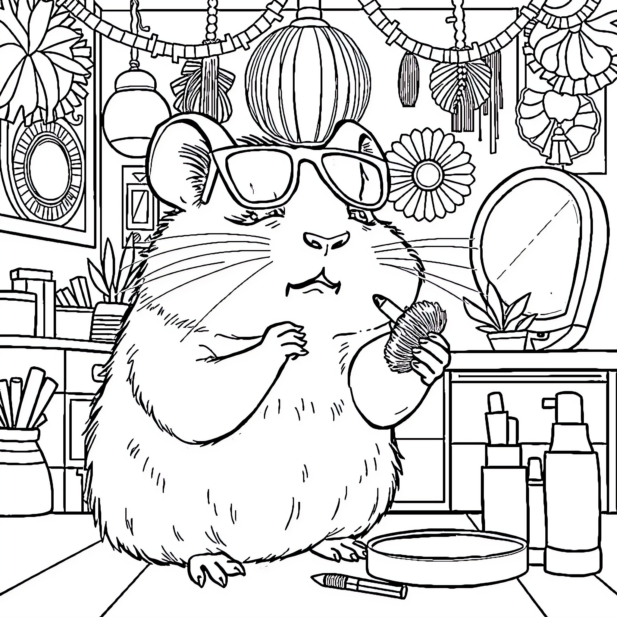 Hamster getting groomed in a cozy room Coloring Page (free black-and-white line drawing printable PDF for all, from beginners to advanced learners, including children, teens, adults, and seniors)