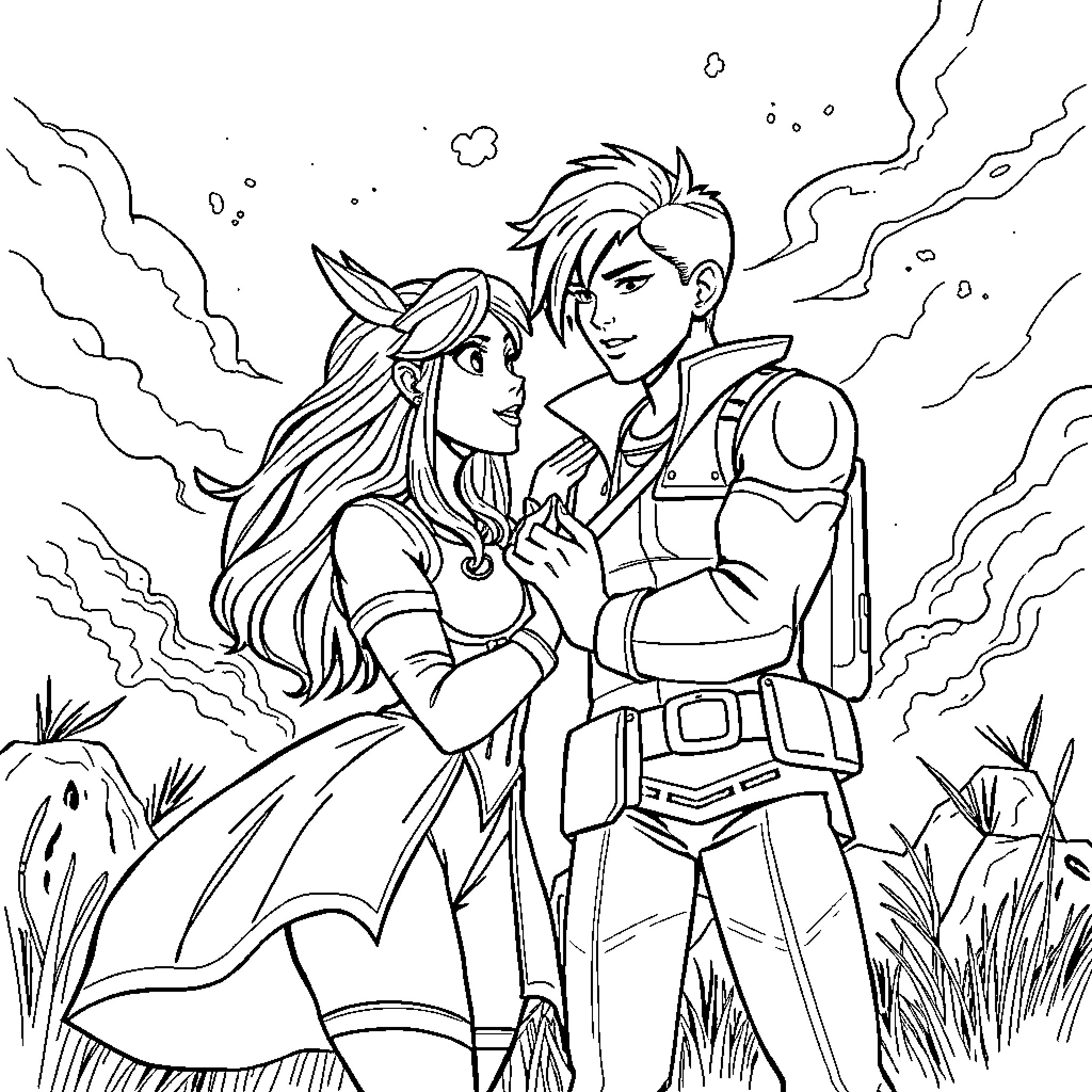 Huntrix: Heroic Pair in Fantastical Embrace Coloring Page (free black-and-white line drawing printable PDF for all, from beginners to advanced learners, including children, teens, adults, and seniors)