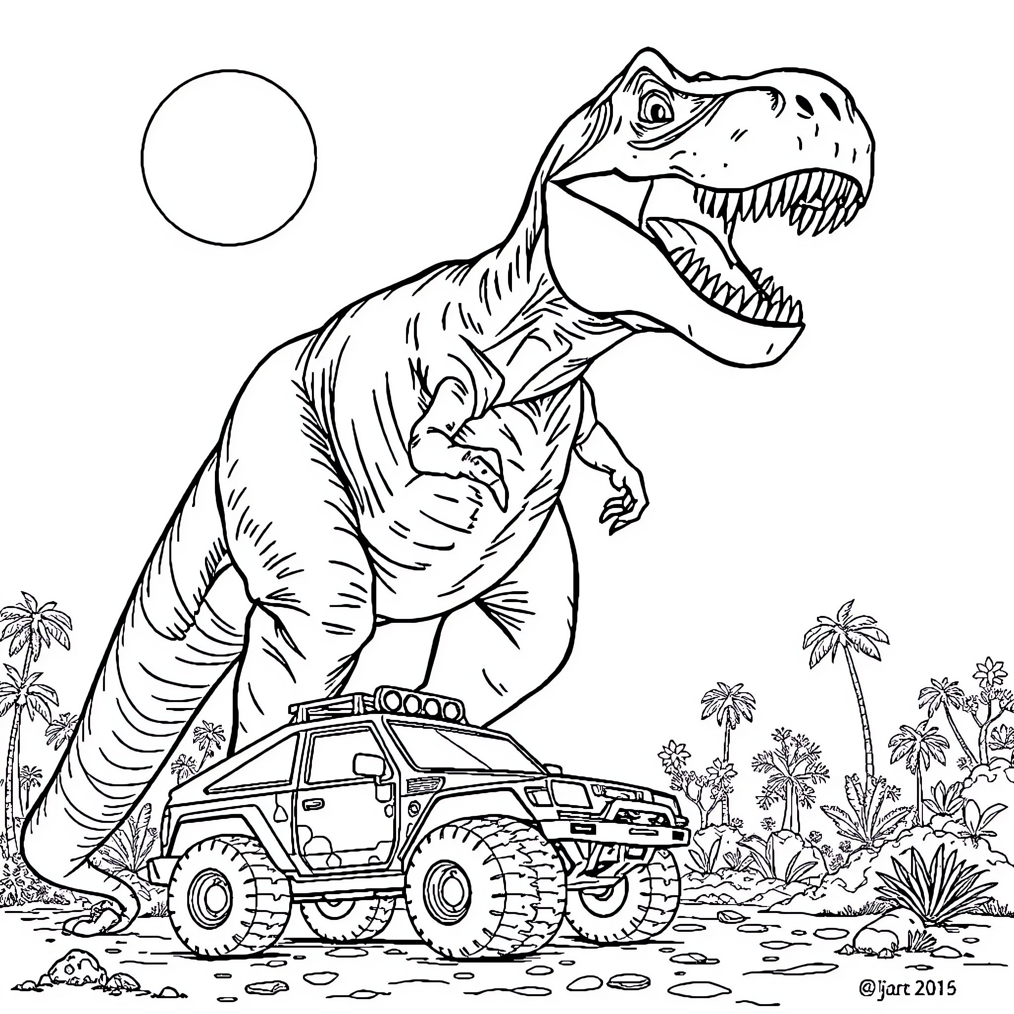 D-rex chasing adventure jeep in prehistoric scene Coloring Page (free black-and-white line drawing printable PDF for all, from beginners to advanced learners, including children, teens, adults, and seniors)