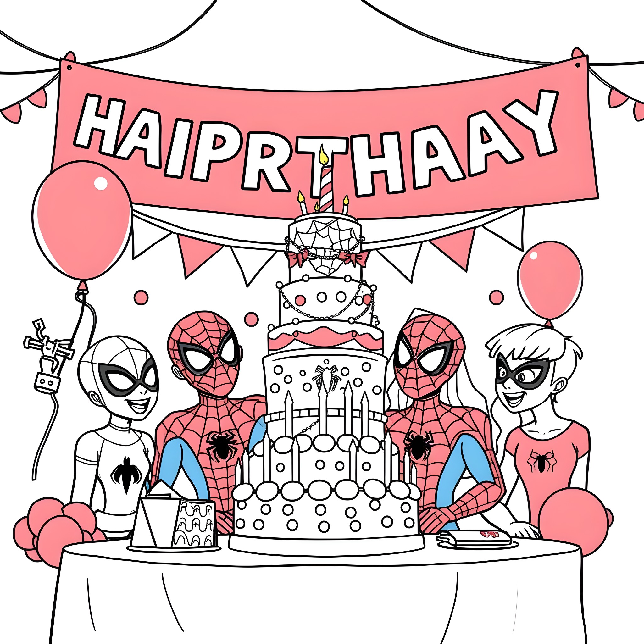 Spiderman and friends celebrate a Happy Birthday Coloring Page (free black-and-white line drawing printable PDF for all, from beginners to advanced learners, including children, teens, adults, and seniors)