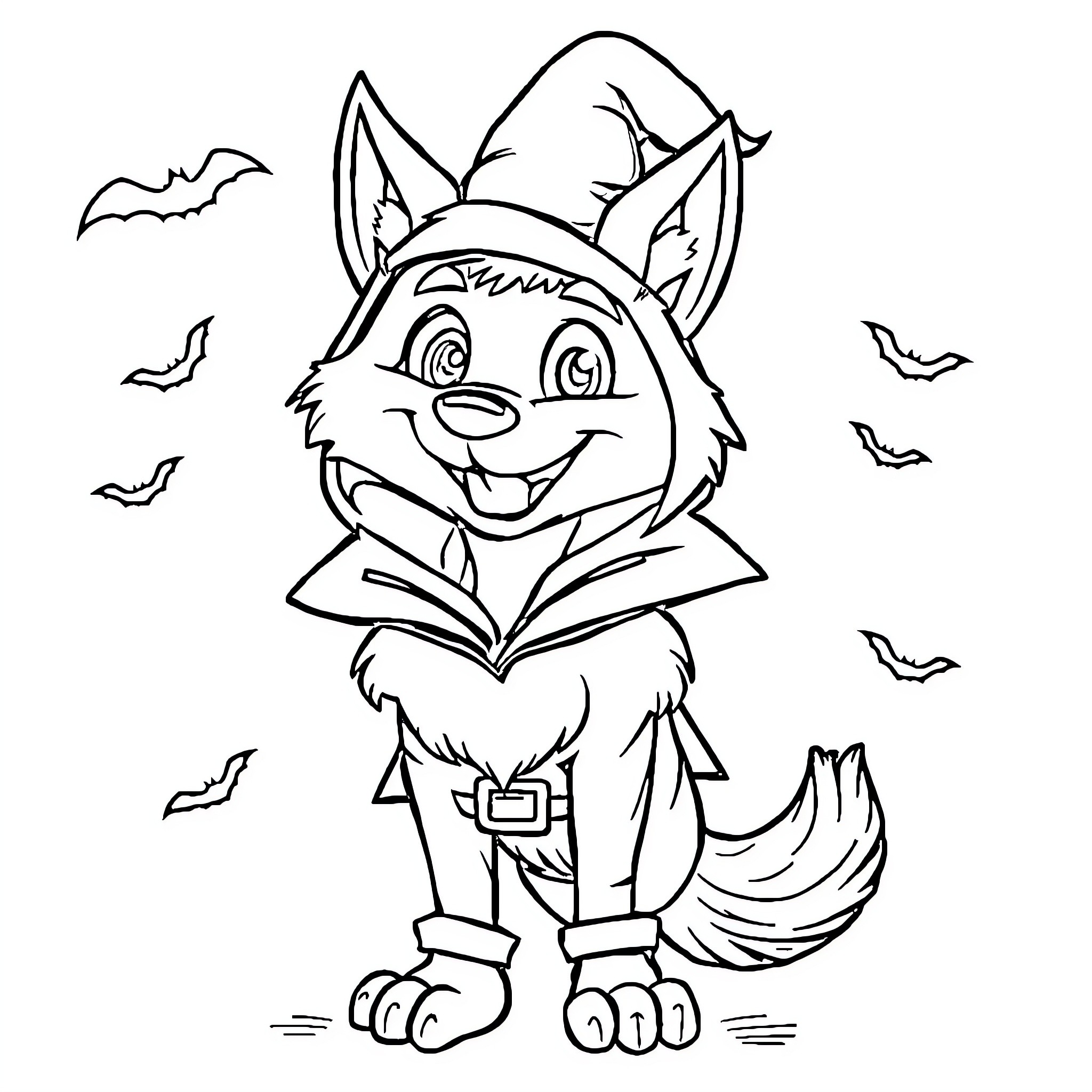 Wolf wearing a costume and reading a book Coloring Page (free black-and-white line drawing printable PDF for all, from beginners to advanced learners, including children, teens, adults, and seniors)