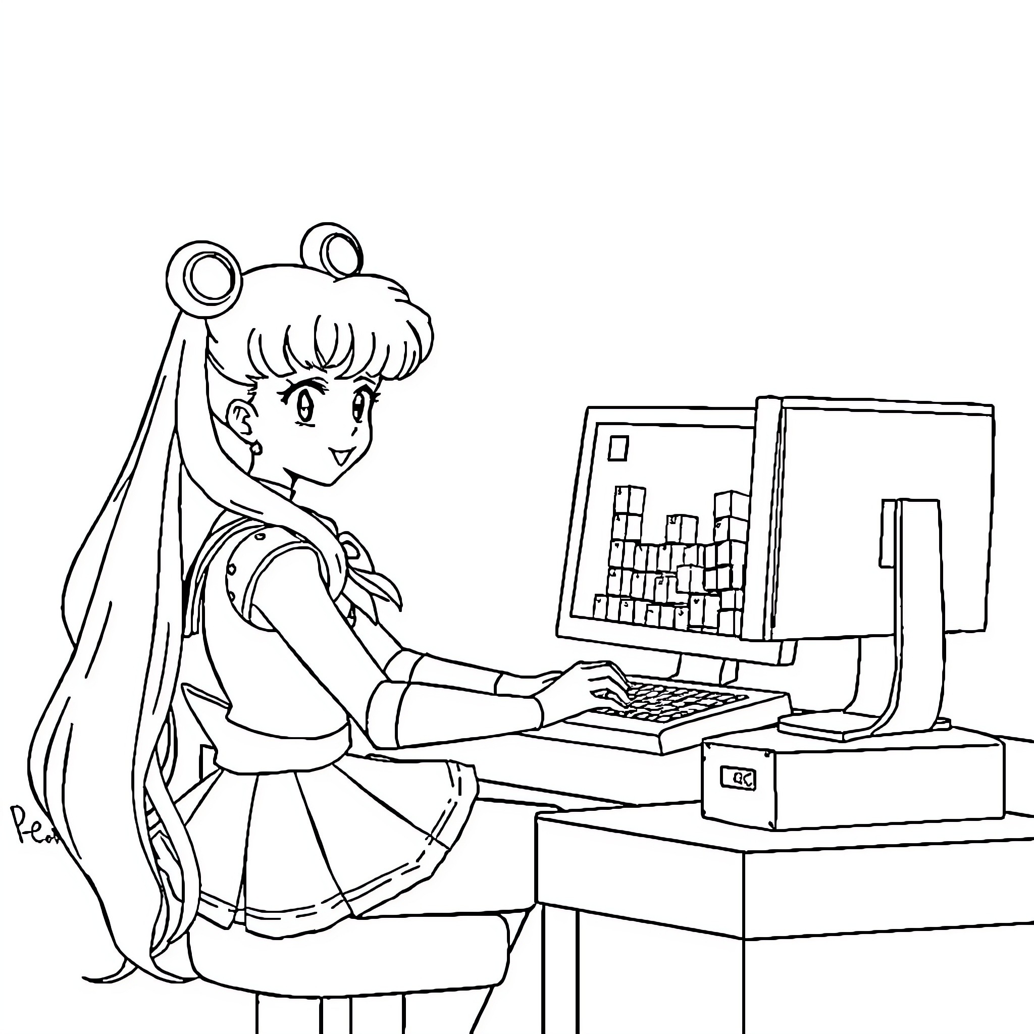 Sailor Moon studying and using a computer Coloring Page (free black-and-white line drawing printable PDF for all, from beginners to advanced learners, including children, teens, adults, and seniors)
