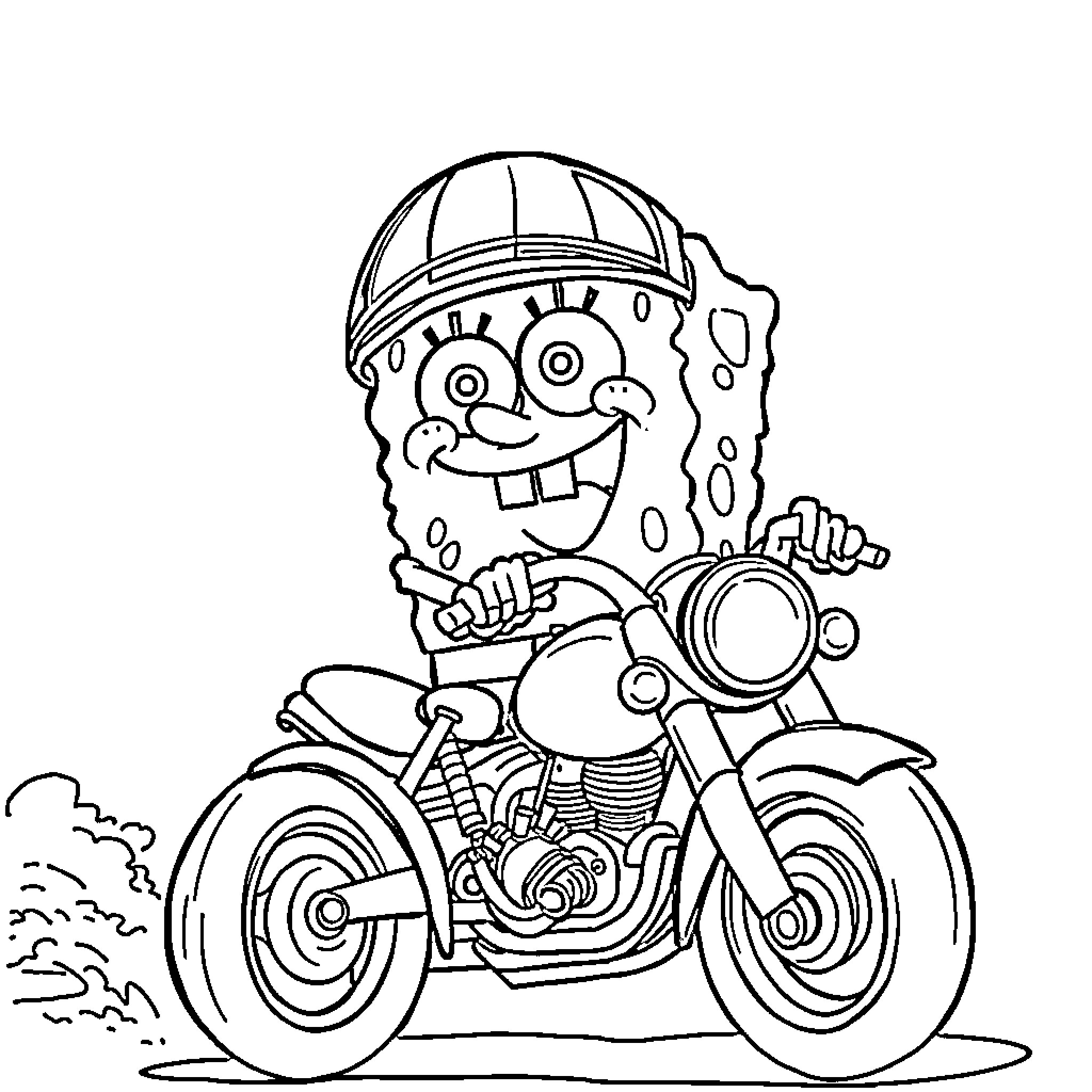 Spongebob riding a motorcycle with a happy expression Coloring Page (free black-and-white line drawing printable PDF for all, from beginners to advanced learners, including children, teens, adults, and seniors)