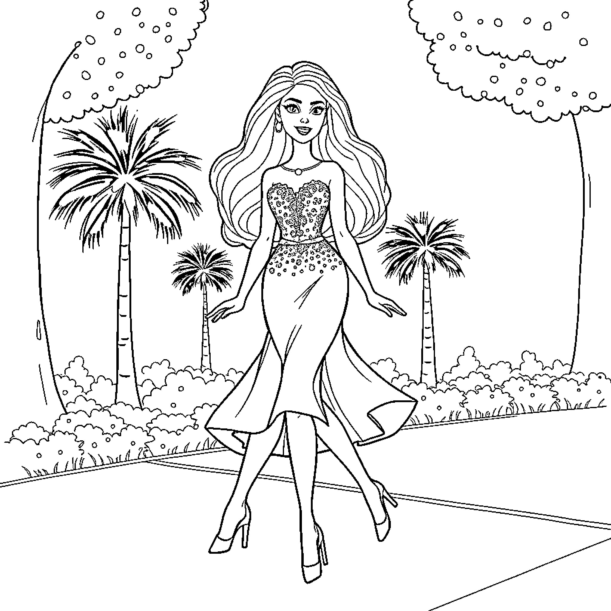 Barbie walking gracefully in a tropical setting Coloring Page (free black-and-white line drawing printable PDF for all, from beginners to advanced learners, including children, teens, adults, and seniors)