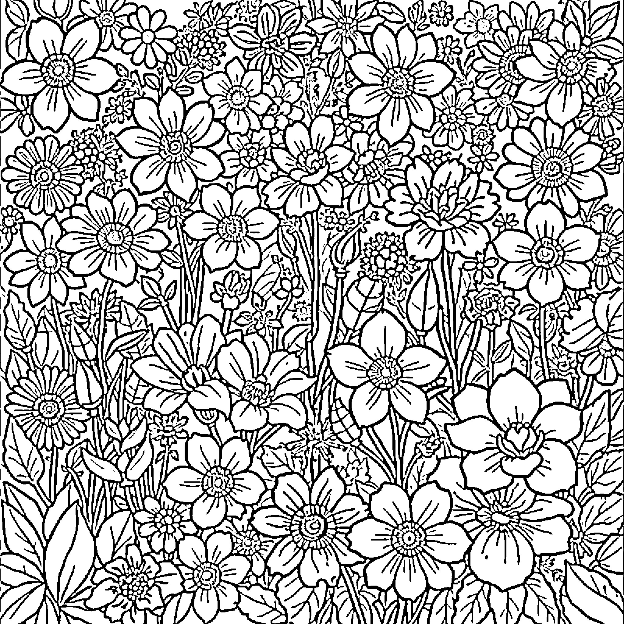 Flower Garden Doodle Coloring Page (free black-and-white line drawing printable PDF for all, from beginners to advanced learners, including children, teens, adults, and seniors)