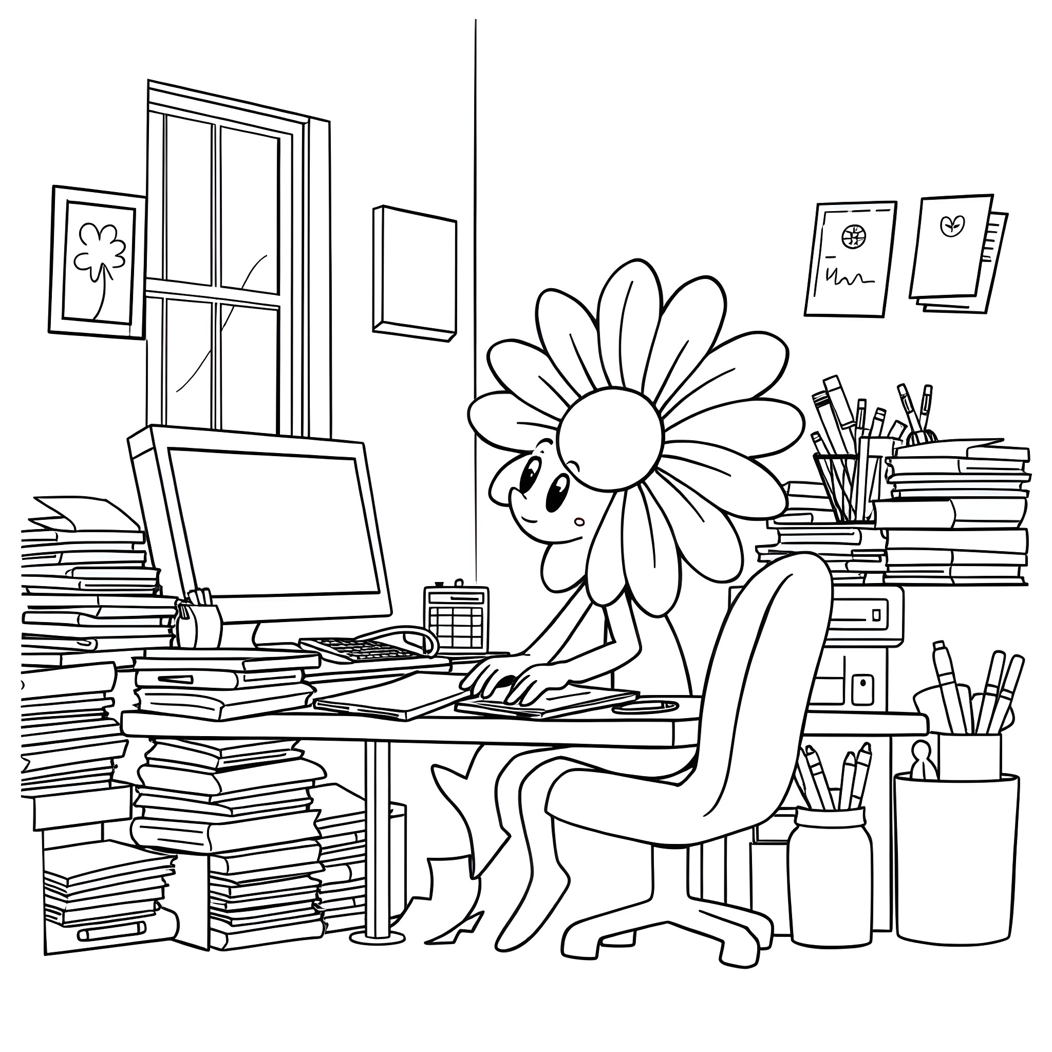 Daisy working diligently at her messy desk Coloring Page (free black-and-white line drawing printable PDF for all, from beginners to advanced learners, including children, teens, adults, and seniors)
