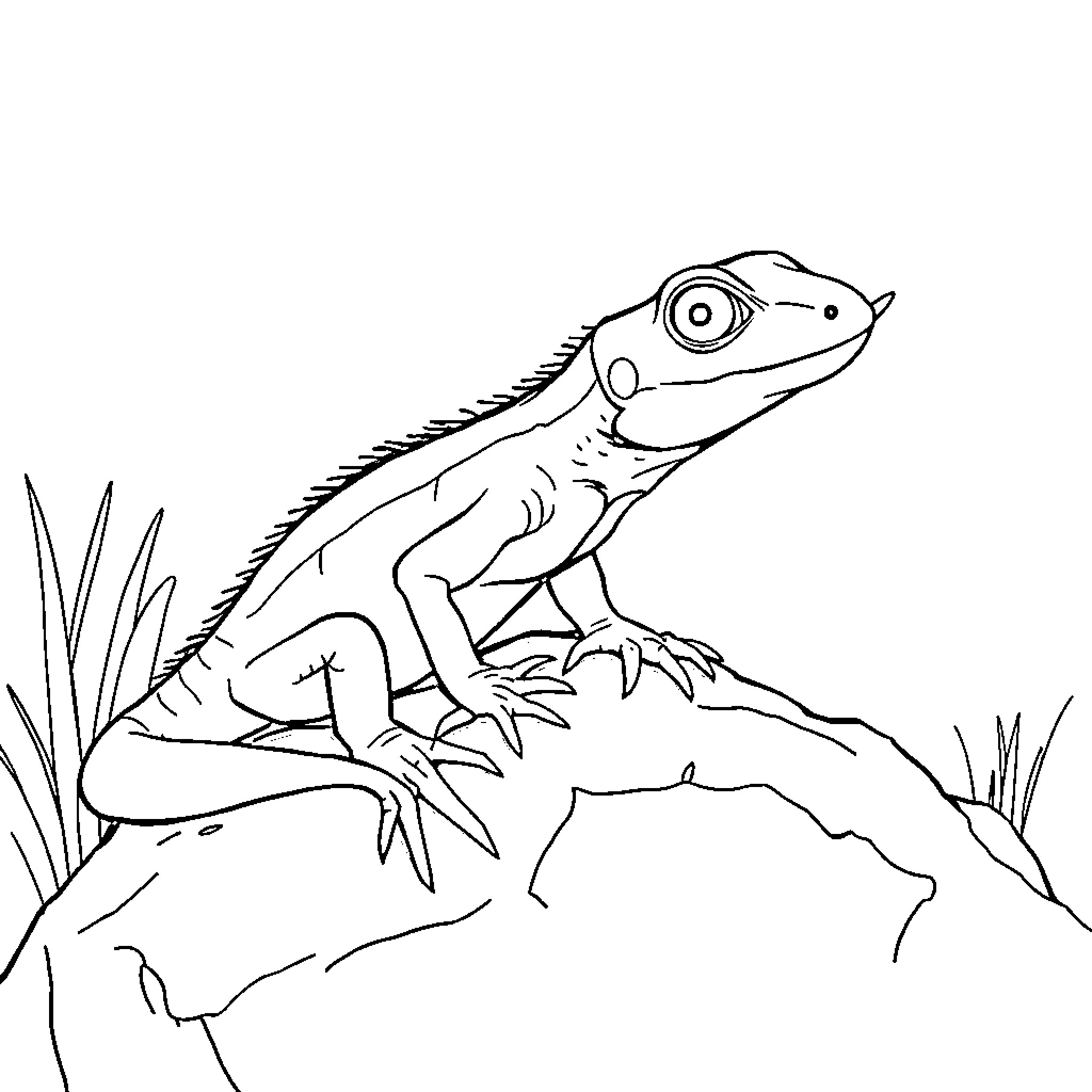 Lizard perched on a rock Coloring Page (free black-and-white line drawing printable PDF for all, from beginners to advanced learners, including children, teens, adults, and seniors)