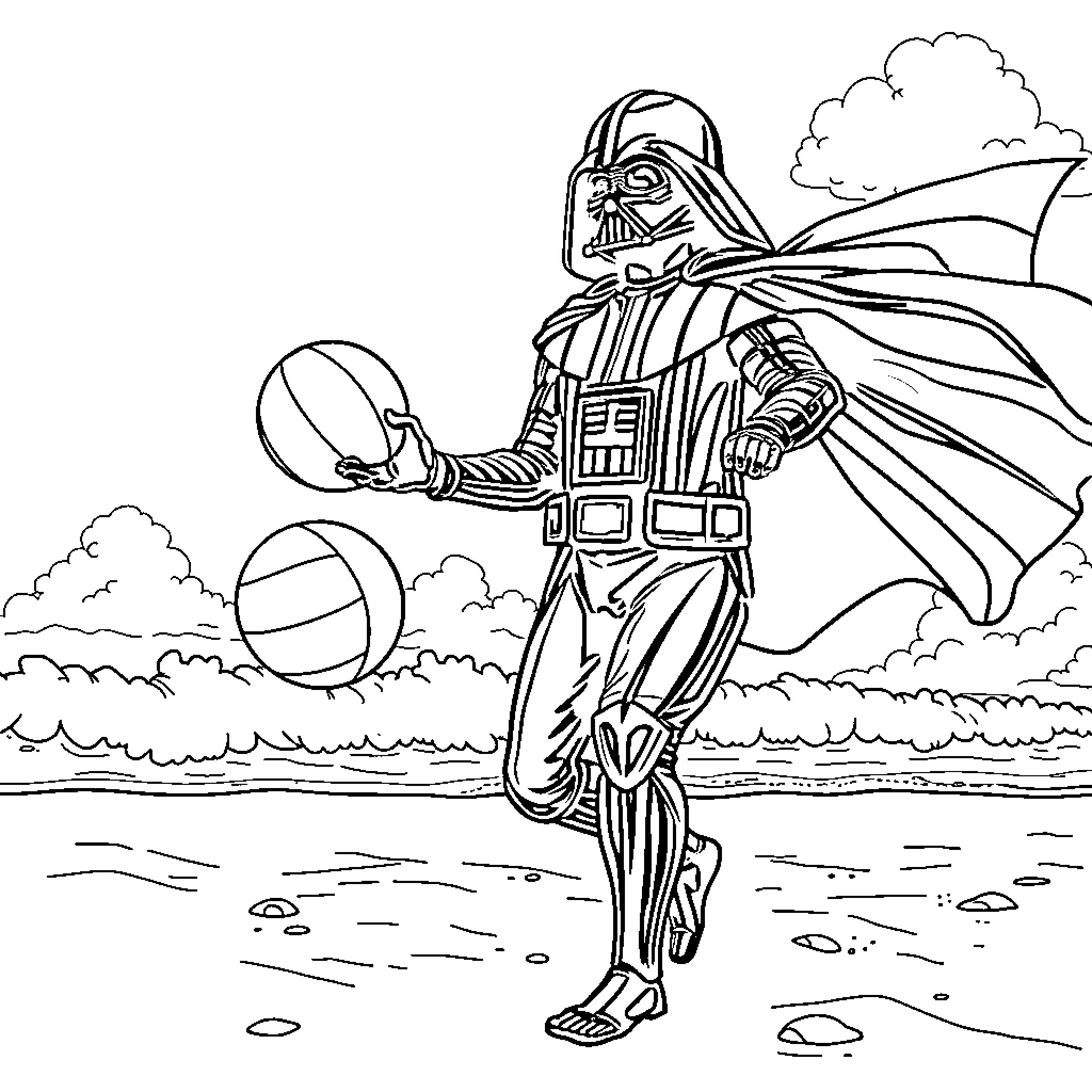Darth Vader playing with space balls on a beach Coloring Page (free black-and-white line drawing printable PDF for all, from beginners to advanced learners, including children, teens, adults, and seniors)