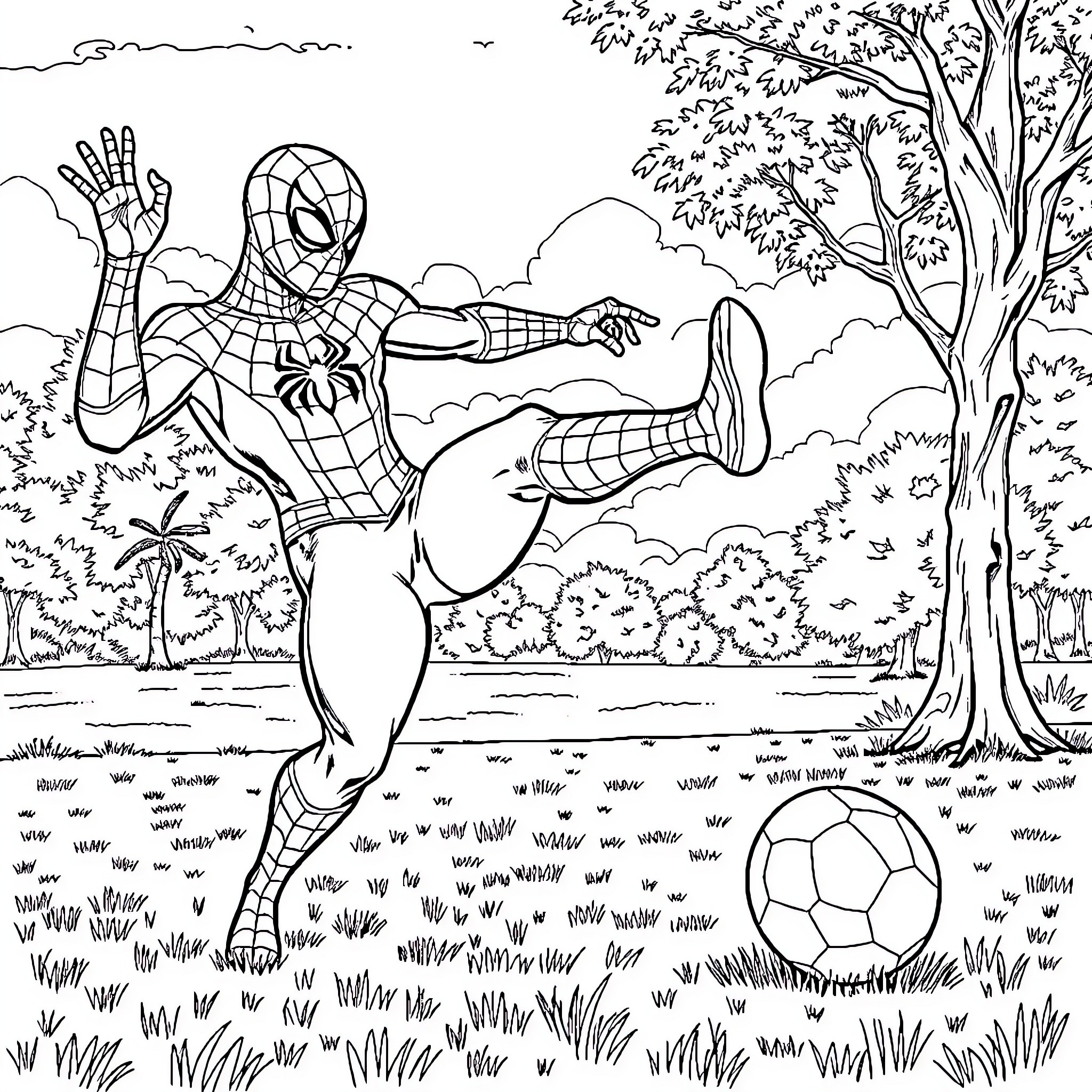 Spider-Man playing soccer in the park Coloring Page (free black-and-white line drawing printable PDF for all, from beginners to advanced learners, including children, teens, adults, and seniors)