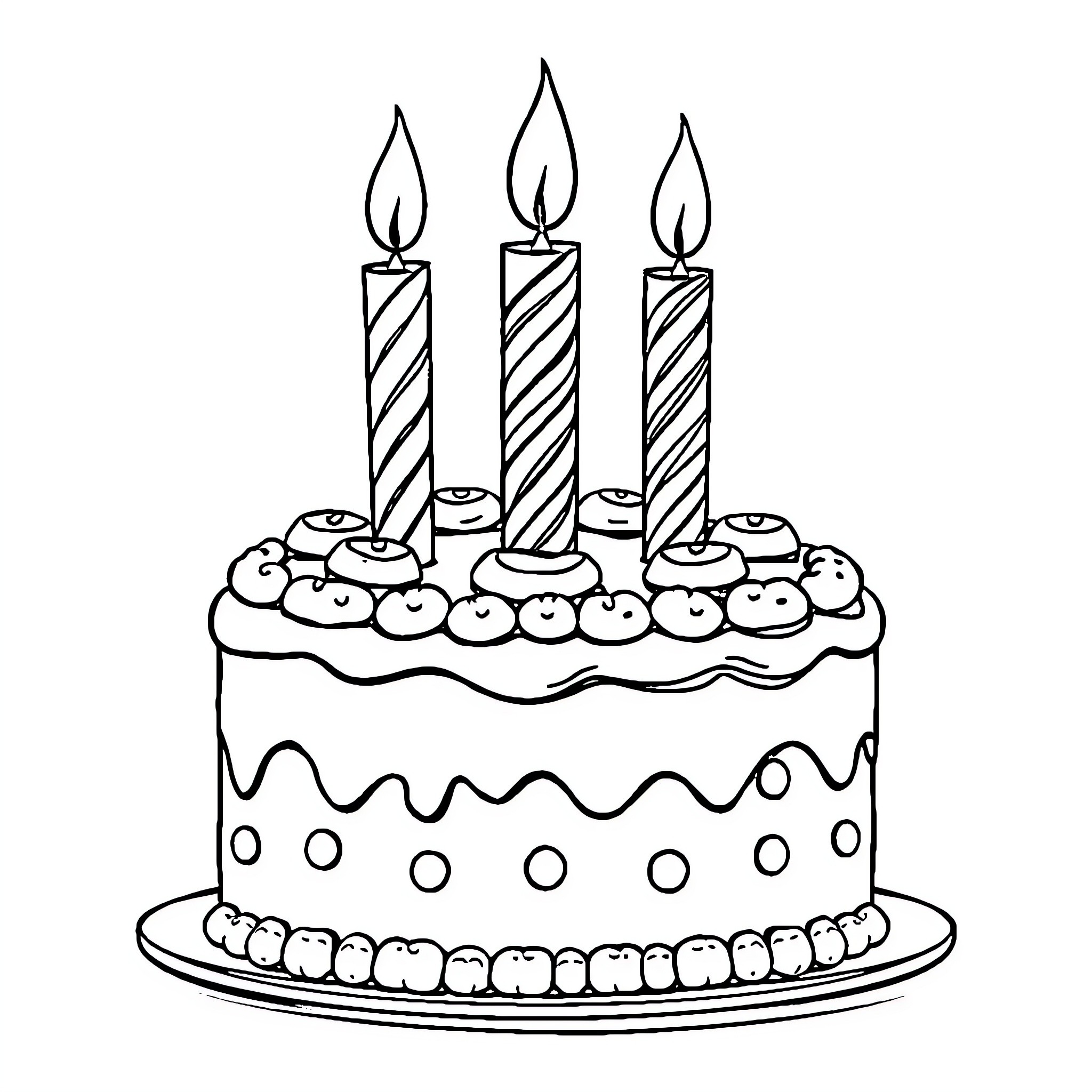 Cake with Lit Candles on Decorated Platter Coloring Page (free black-and-white line drawing printable PDF for all, from beginners to advanced learners, including children, teens, adults, and seniors)