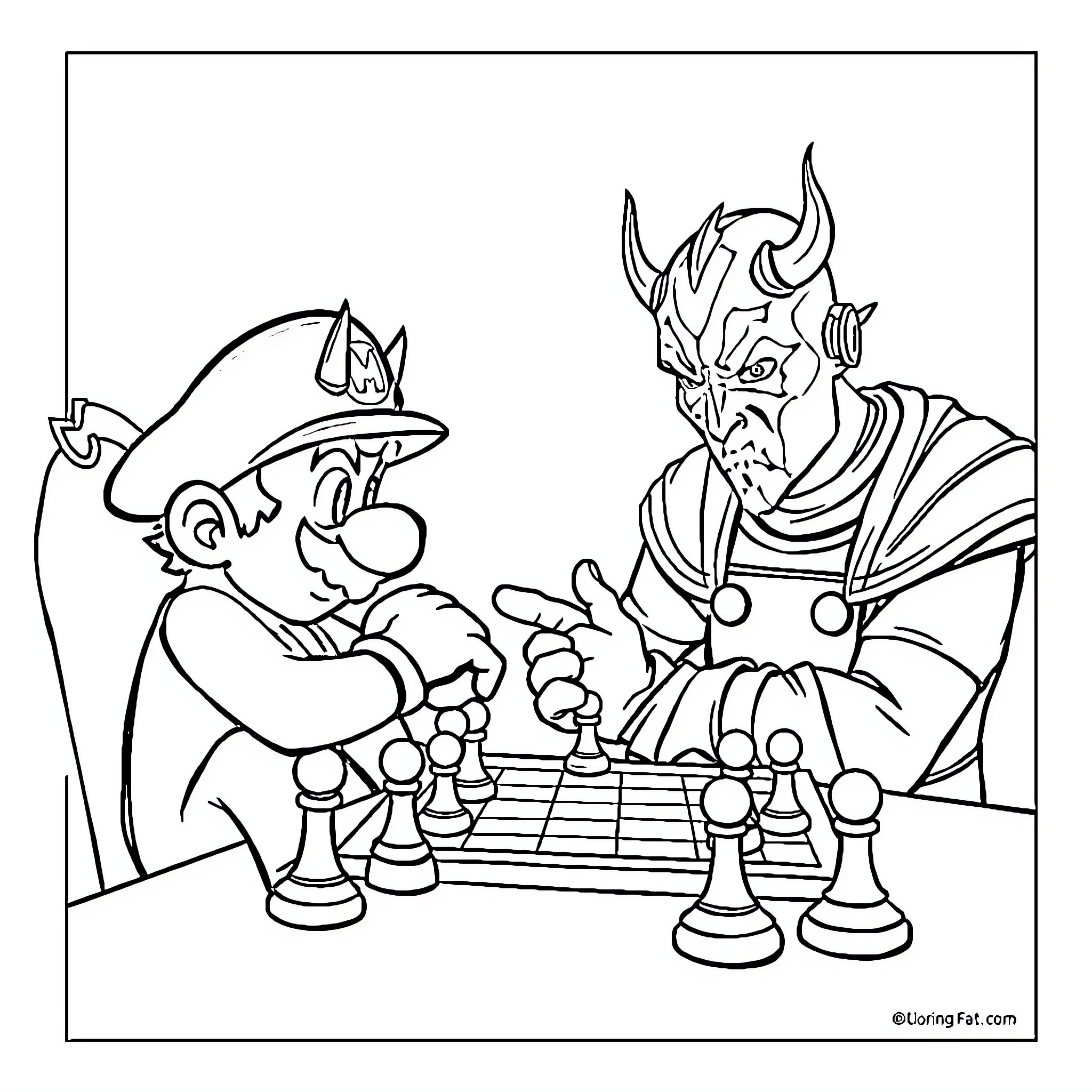 Mario playing chess with a demonic opponent Coloring Page (free black-and-white line drawing printable PDF for all, from beginners to advanced learners, including children, teens, adults, and seniors)