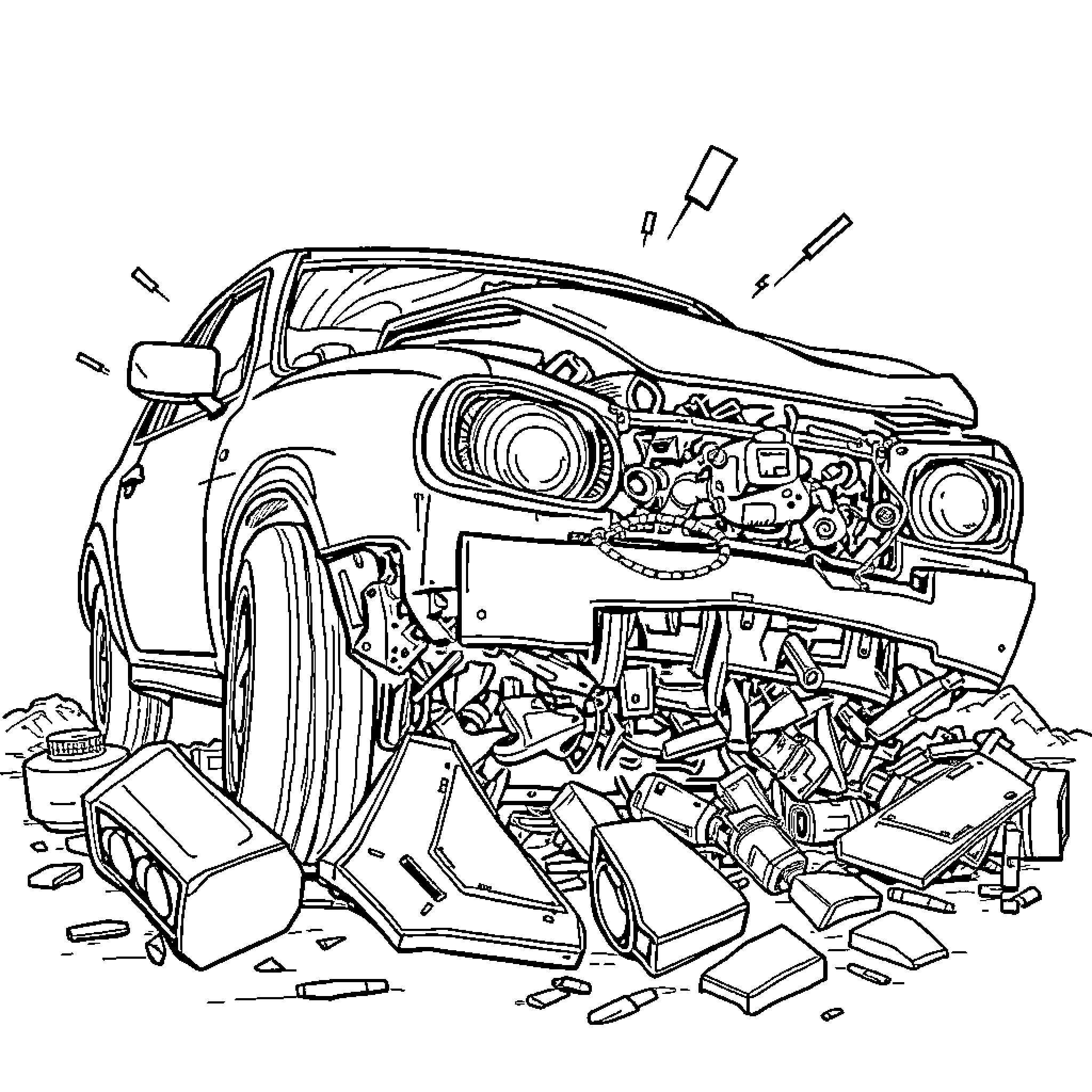 Car wrecked with scattered parts on the ground Coloring Page (free black-and-white line drawing printable PDF for all, from beginners to advanced learners, including children, teens, adults, and seniors)