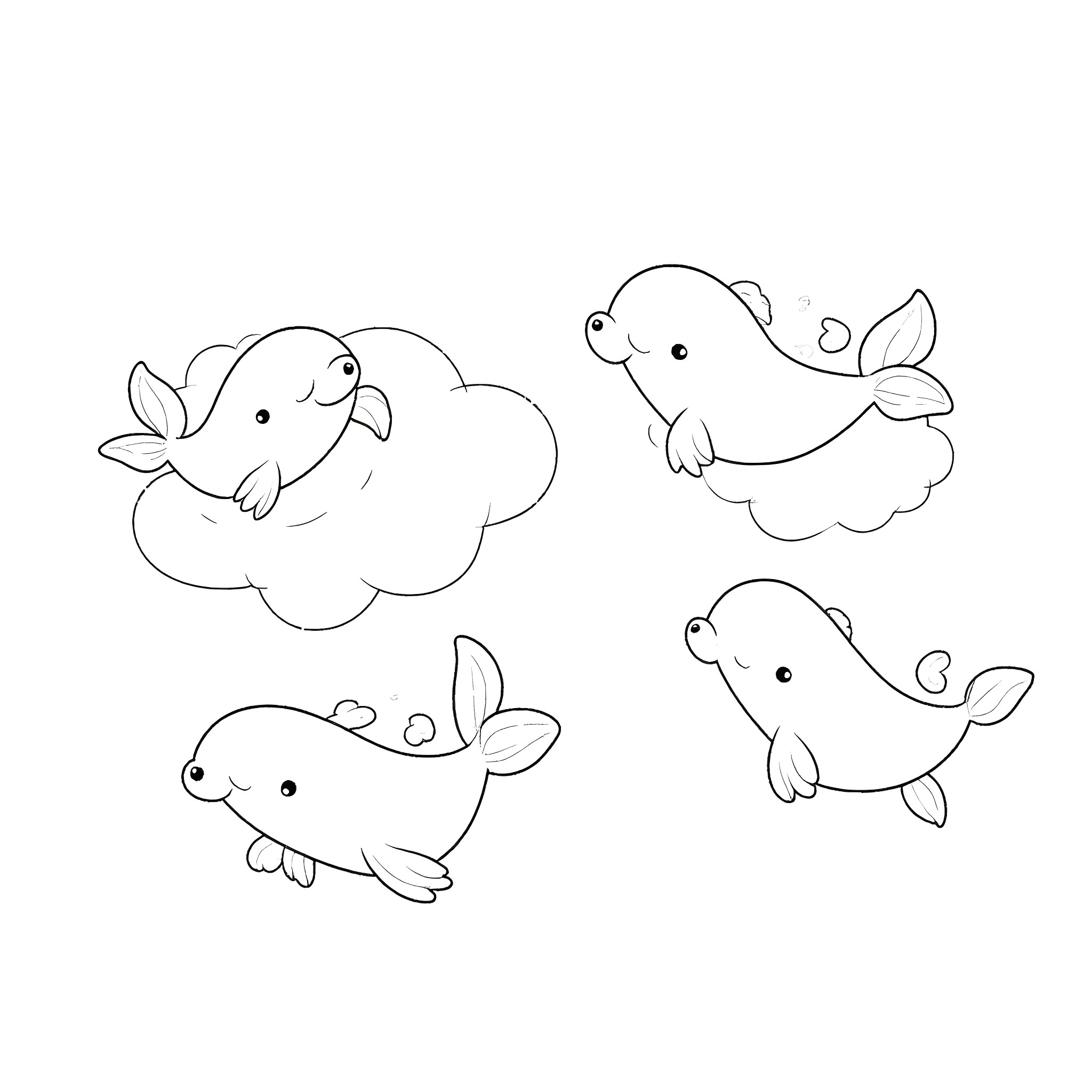 Axolotl friends playing and swimming Coloring Page (free black-and-white line drawing printable PDF for all, from beginners to advanced learners, including children, teens, adults, and seniors)