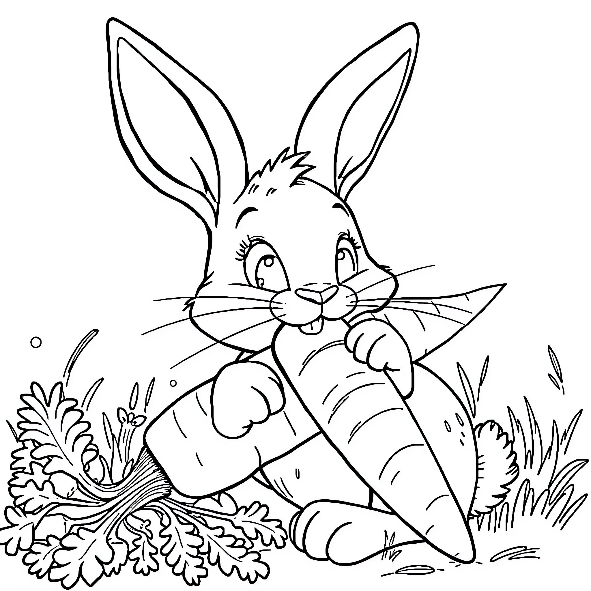 Lola Bunny holding a carrot in nature Coloring Page (free black-and-white line drawing printable PDF for all, from beginners to advanced learners, including children, teens, adults, and seniors)