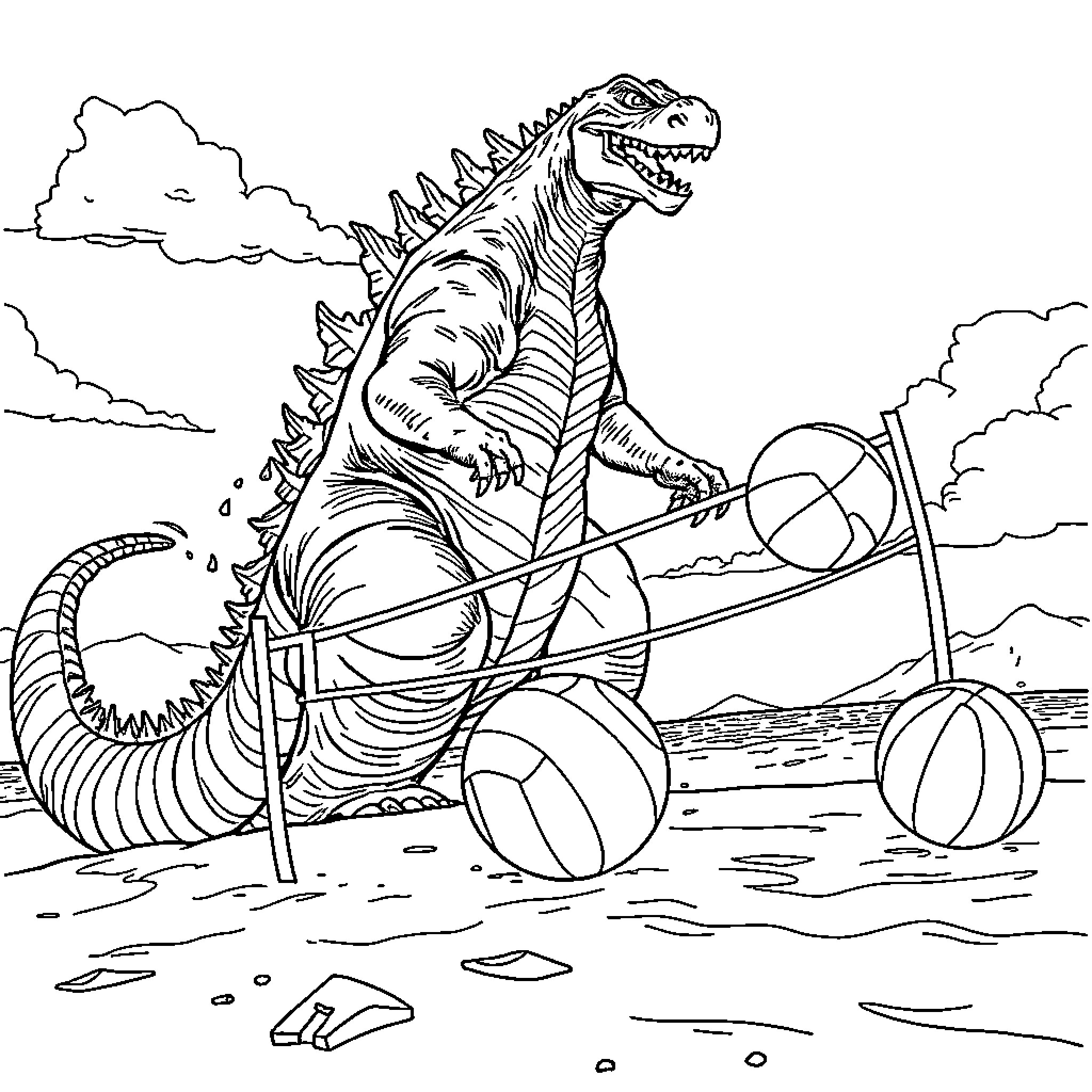 Godzilla Riding a Tricycle in the Beach Coloring Page (free black-and-white line drawing printable PDF for all, from beginners to advanced learners, including children, teens, adults, and seniors)
