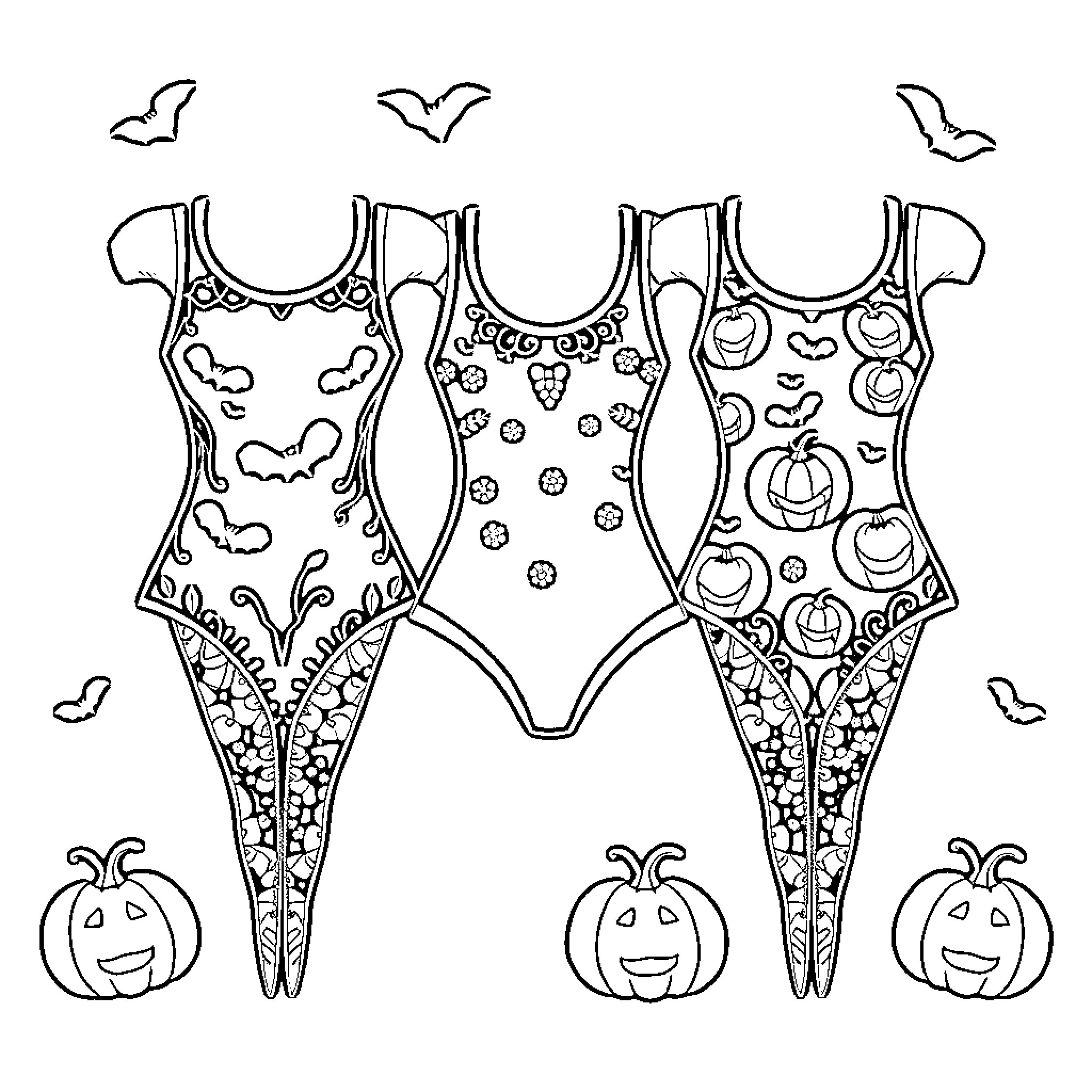 Leotard with whimsical Halloween designs Coloring Page (free black-and-white line drawing printable PDF for all, from beginners to advanced learners, including children, teens, adults, and seniors)