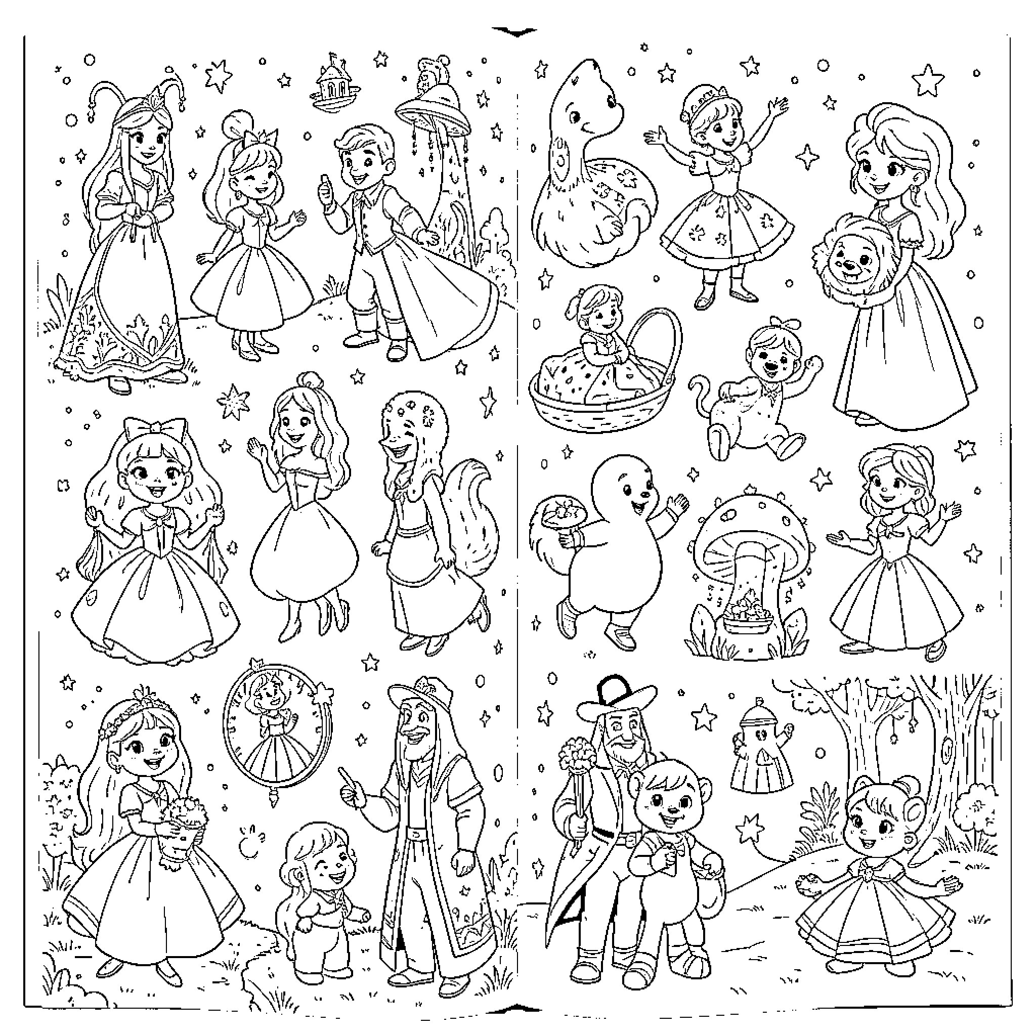Disney characters celebrating with joyful expressions and elegant outfits Coloring Page (free black-and-white line drawing printable PDF for all, from beginners to advanced learners, including children, teens, adults, and seniors)