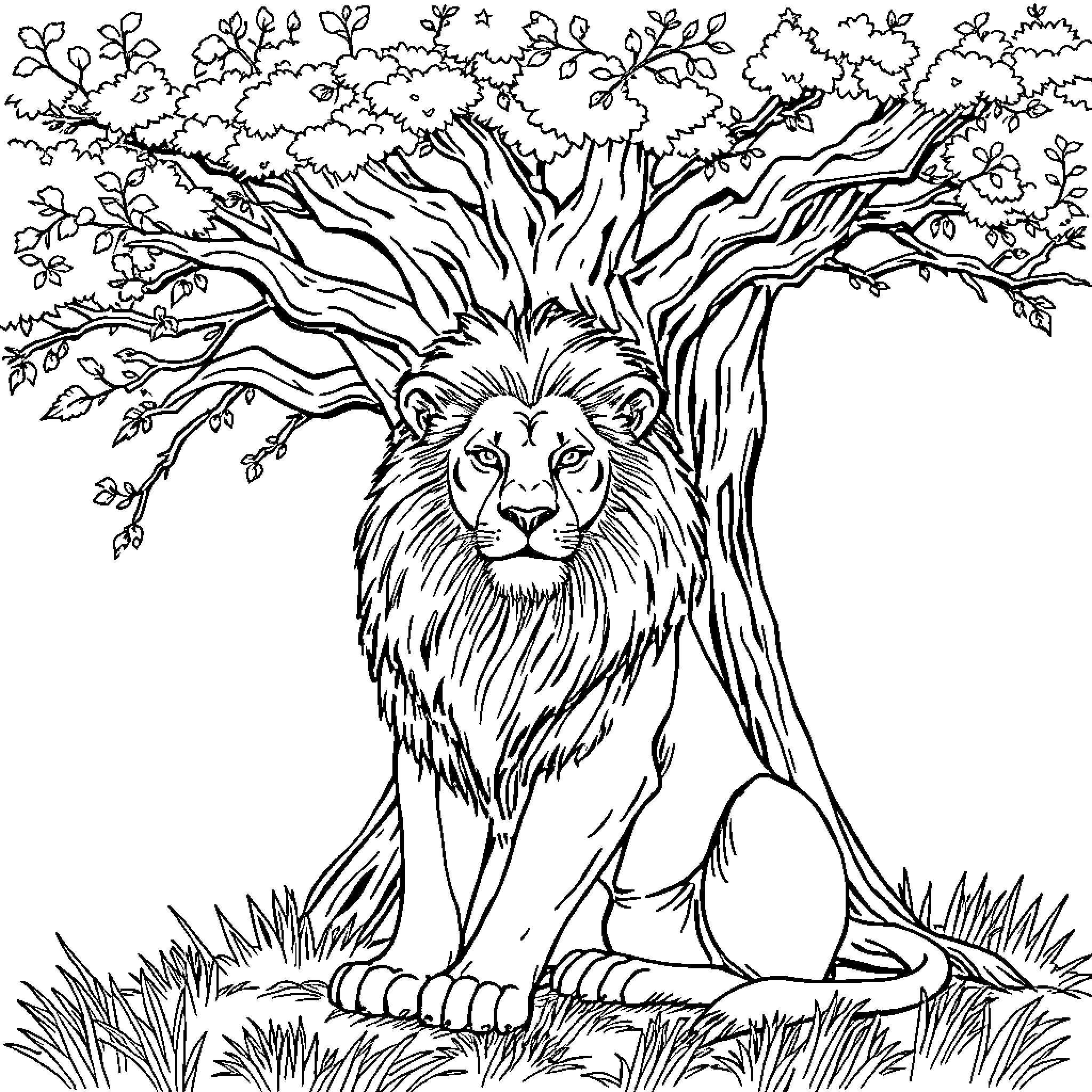 Lion under the majestic tree Coloring Page (free black-and-white line drawing printable PDF for all, from beginners to advanced learners, including children, teens, adults, and seniors)
