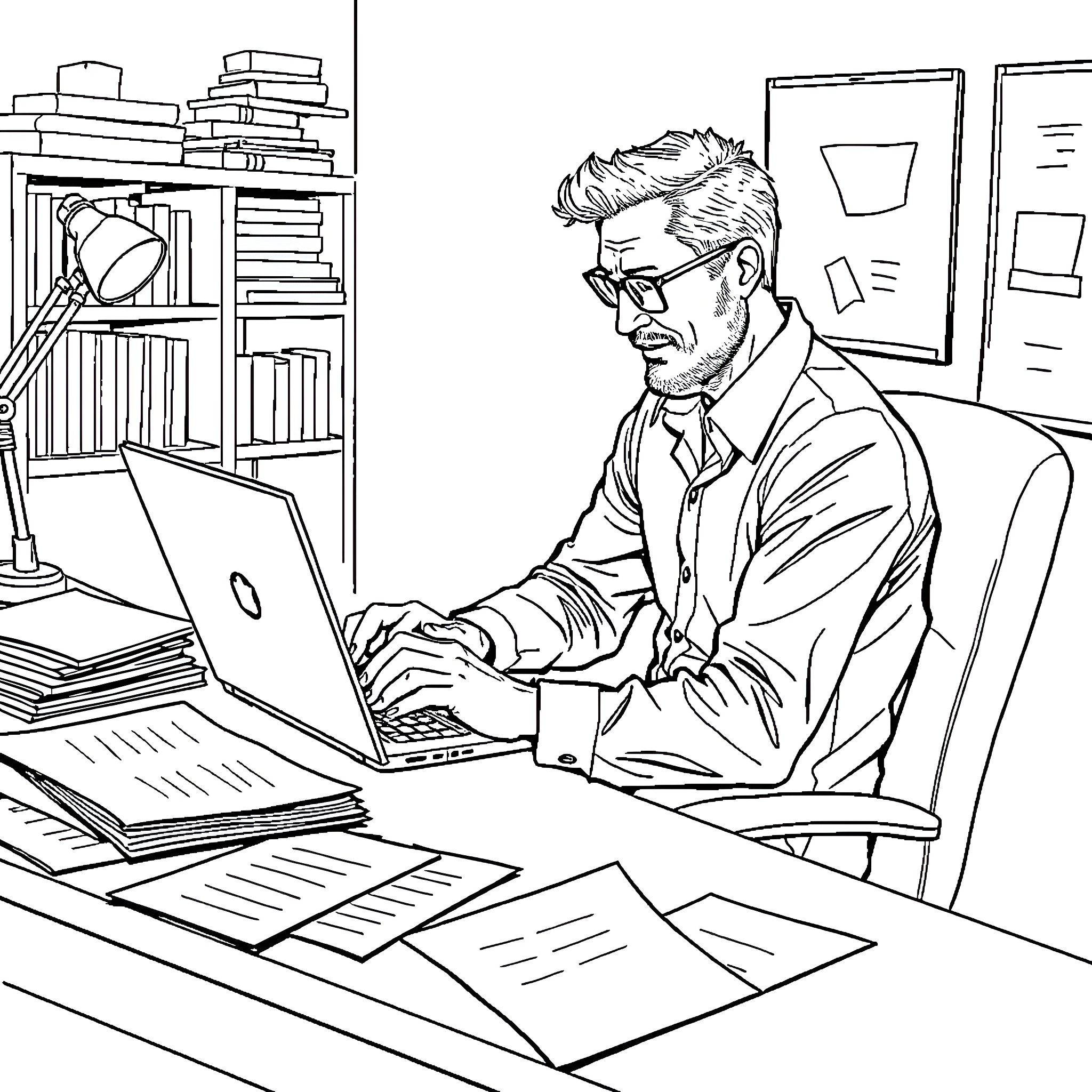 David Mamet working diligently on his laptop in cluttered office Coloring Page (free black-and-white line drawing printable PDF for all, from beginners to advanced learners, including children, teens, adults, and seniors)