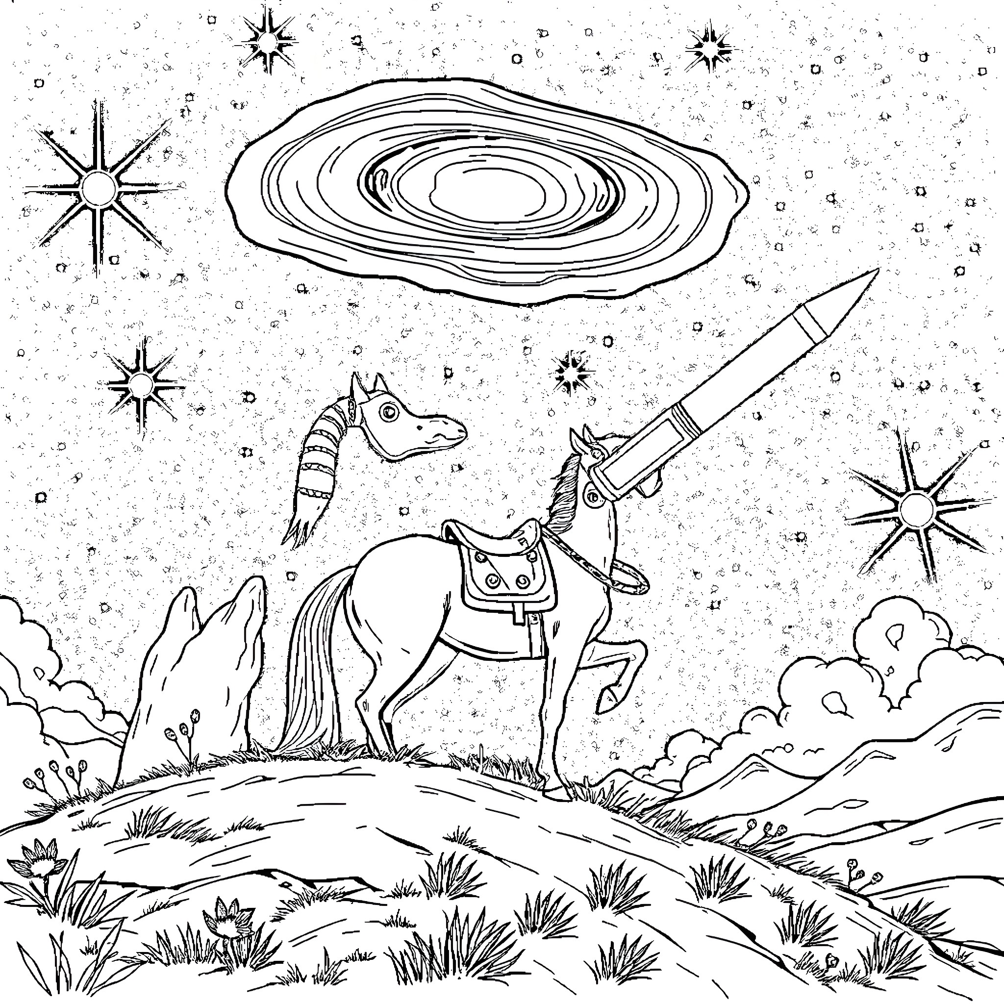 Horse riding among cosmic elements Coloring Page (free black-and-white line drawing printable PDF for all, from beginners to advanced learners, including children, teens, adults, and seniors)