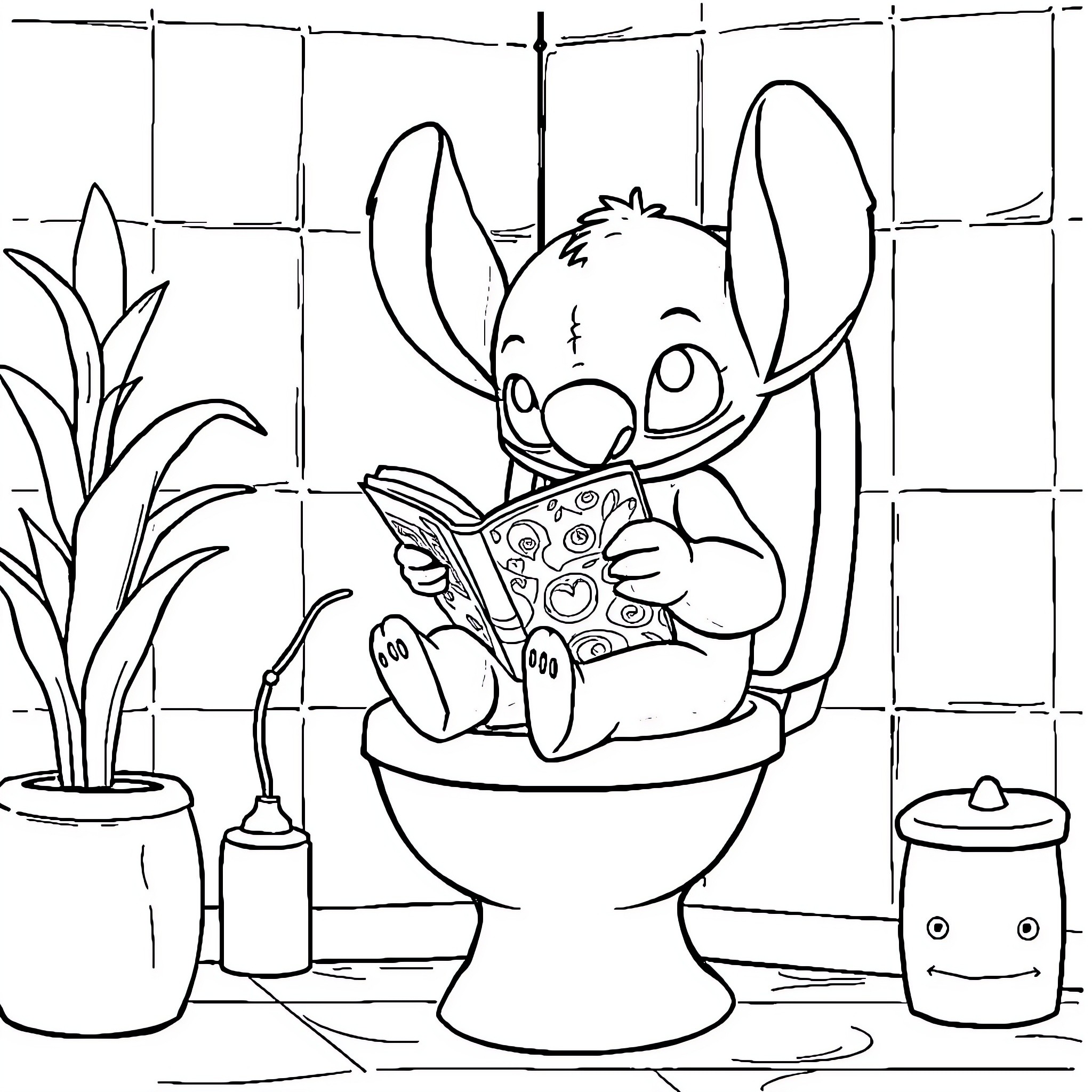 Stitch enjoying a book in the bathroom Coloring Page (free black-and-white line drawing printable PDF for all, from beginners to advanced learners, including children, teens, adults, and seniors)