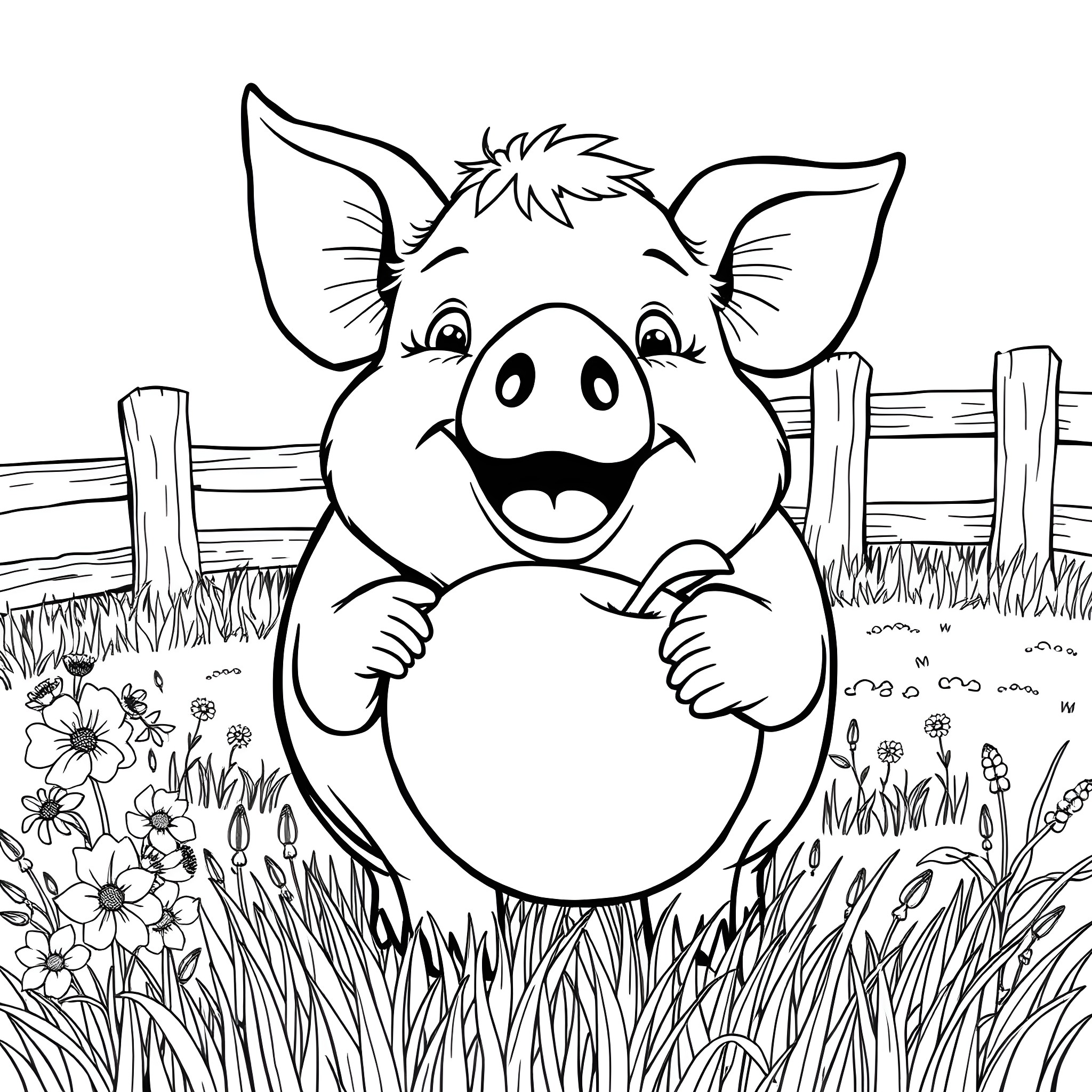 Pig playing happily in the grassy field Coloring Page (free black-and-white line drawing printable PDF for all, from beginners to advanced learners, including children, teens, adults, and seniors)