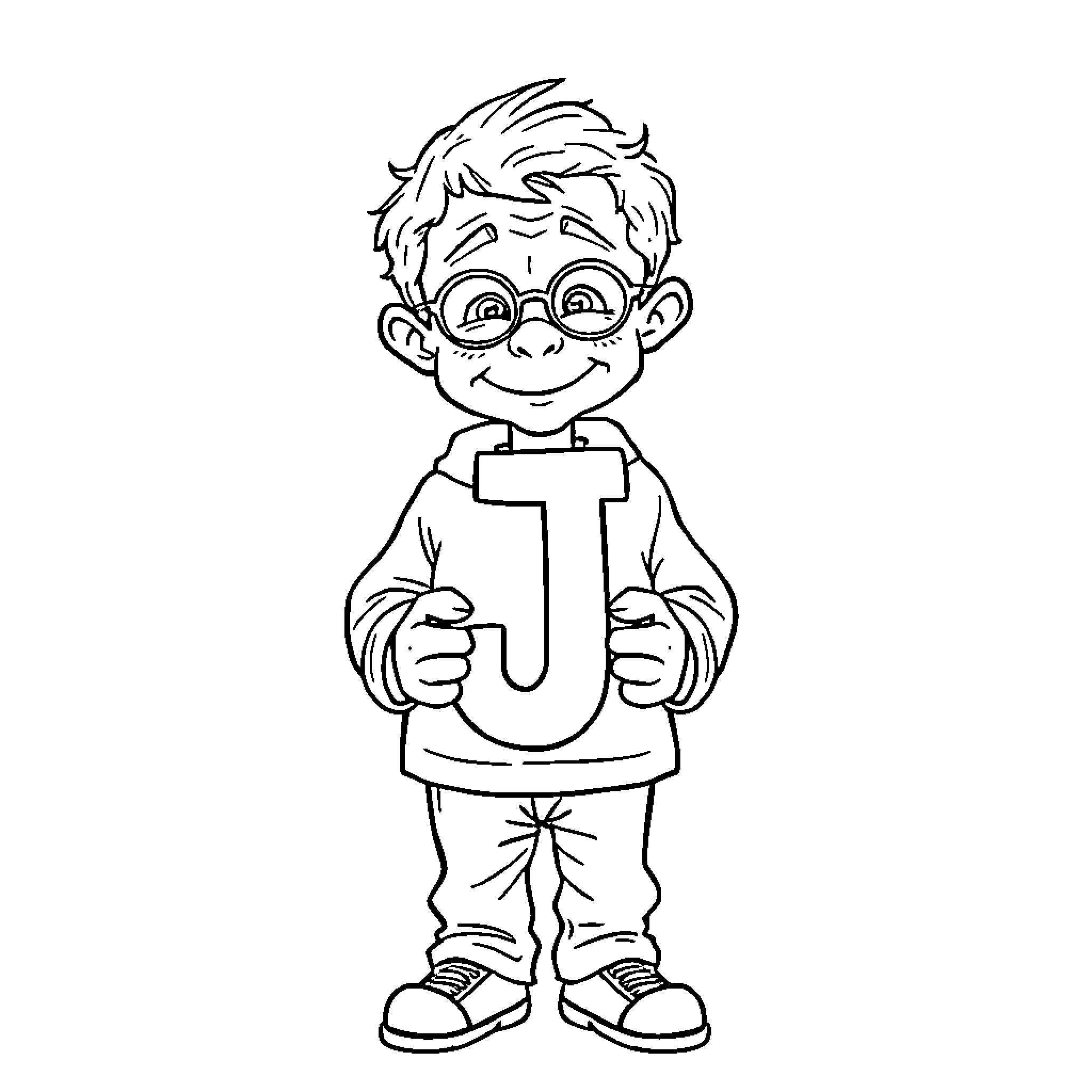 Kid holding letter with a smile Coloring Page (free black-and-white line drawing printable PDF for all, from beginners to advanced learners, including children, teens, adults, and seniors)