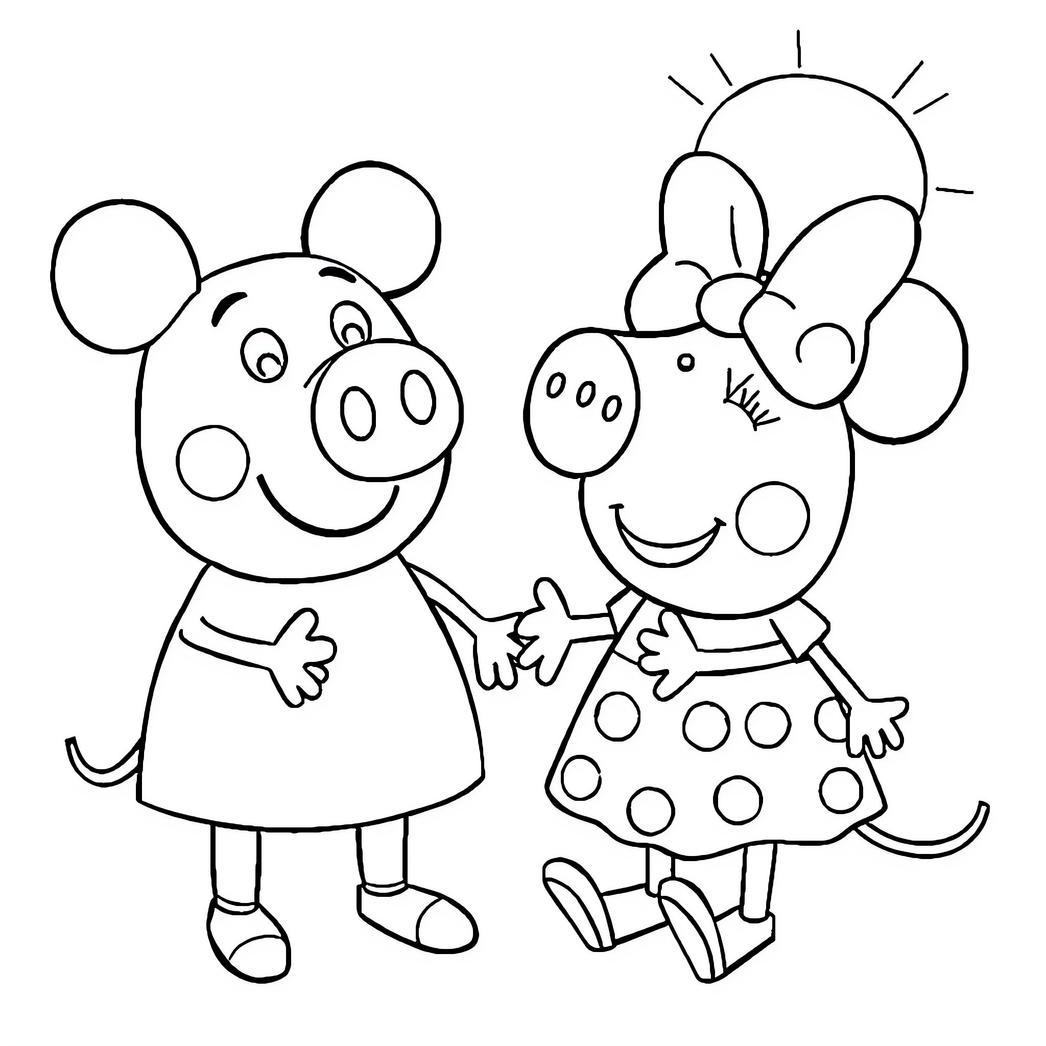 Peppa Pig and Suzy Sheep enjoying sunny day Coloring Page (free black-and-white line drawing printable PDF for all, from beginners to advanced learners, including children, teens, adults, and seniors)