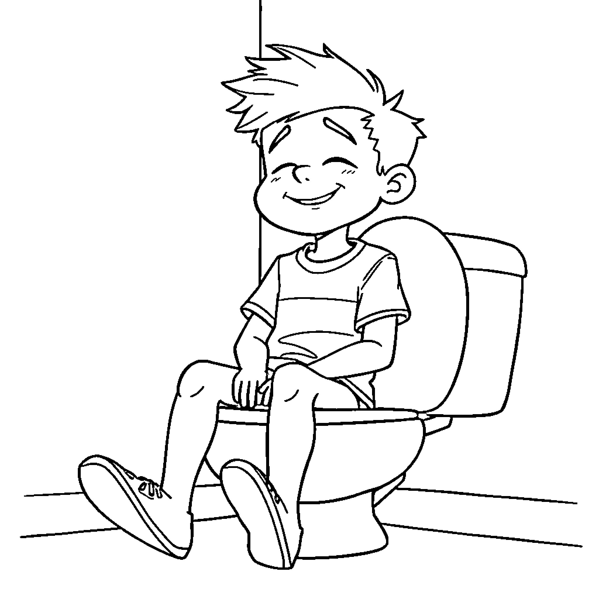 Tyler happily sitting on the toilet Coloring Page (free black-and-white line drawing printable PDF for all, from beginners to advanced learners, including children, teens, adults, and seniors)
