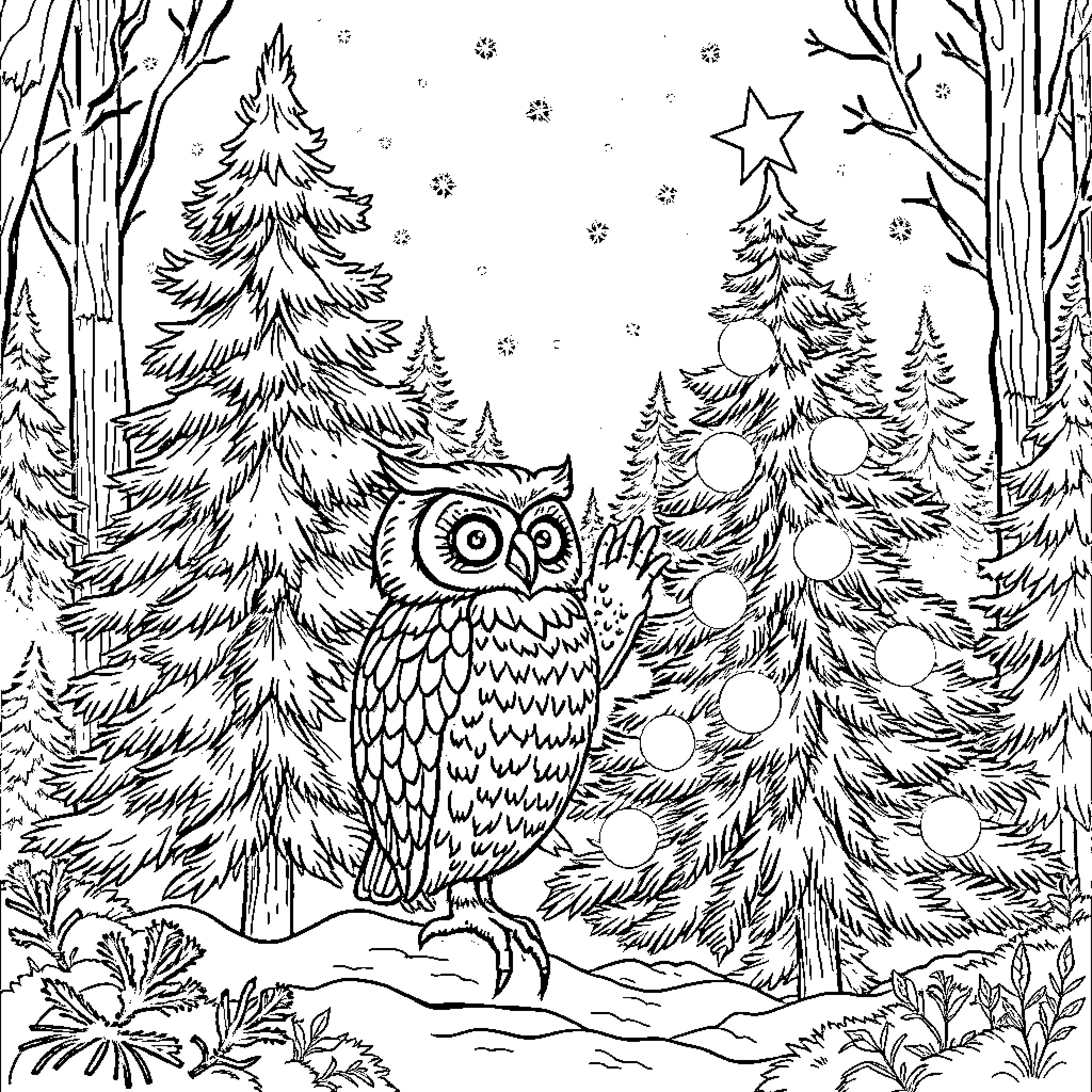 Owl perched in a snowy forest scene Coloring Page (free black-and-white line drawing printable PDF for all, from beginners to advanced learners, including children, teens, adults, and seniors)