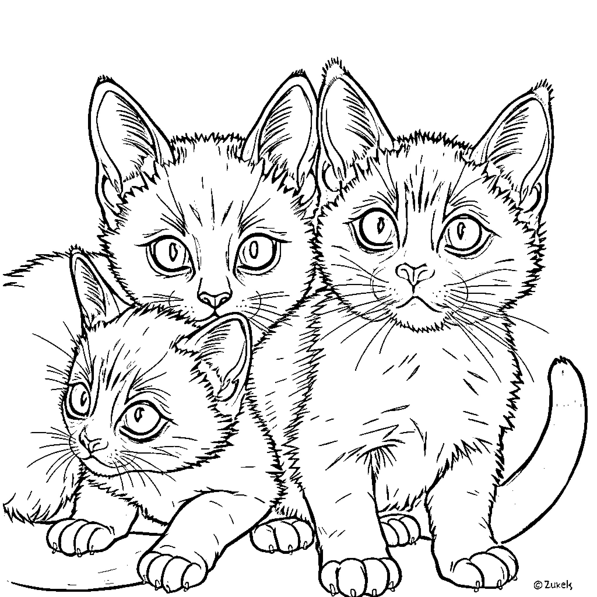 Siamese Cat Trio: Curious Felines Coloring Page (free black-and-white line drawing printable PDF for all, from beginners to advanced learners, including children, teens, adults, and seniors)