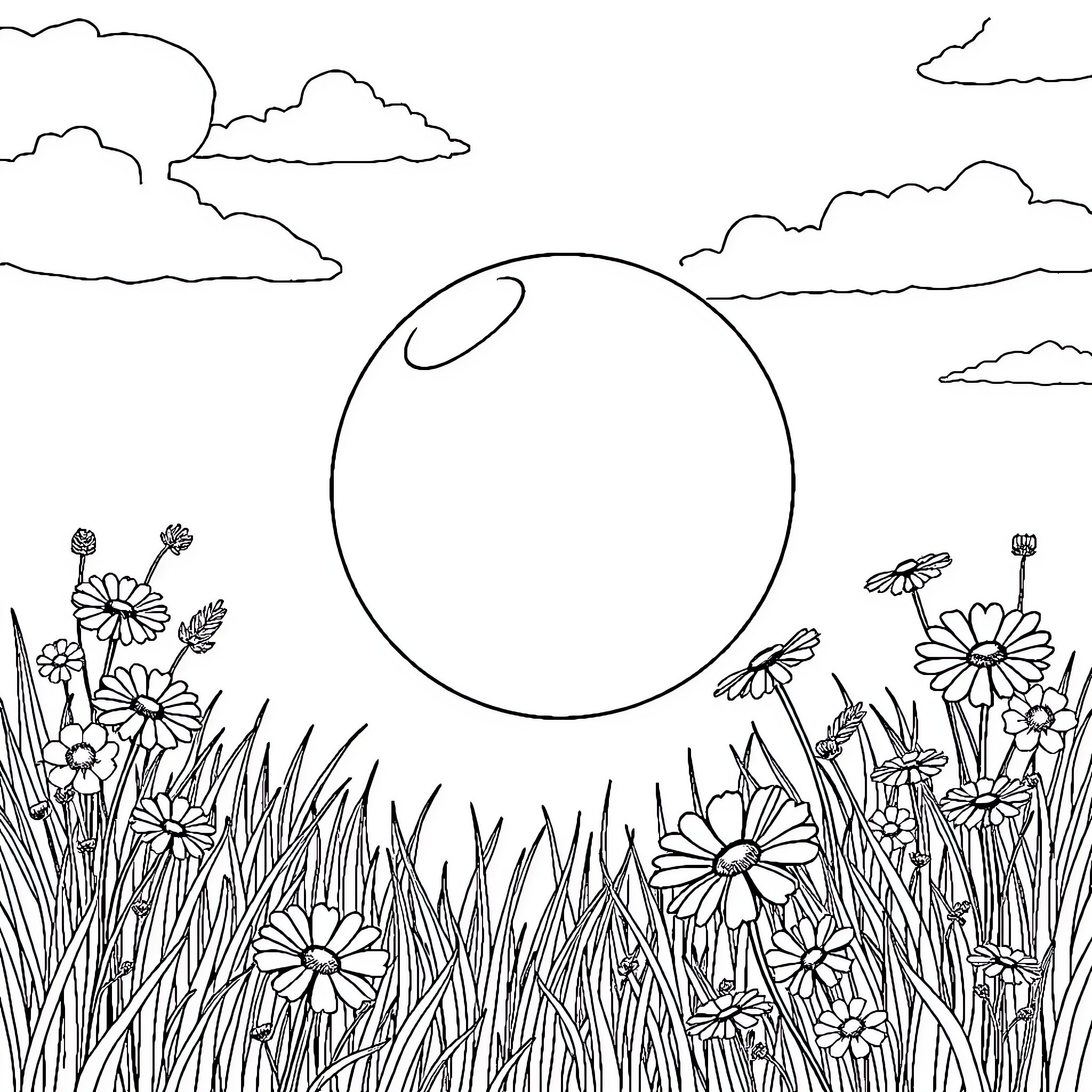 Bubble in the Meadow of Daisies Coloring Page (free black-and-white line drawing printable PDF for all, from beginners to advanced learners, including children, teens, adults, and seniors)