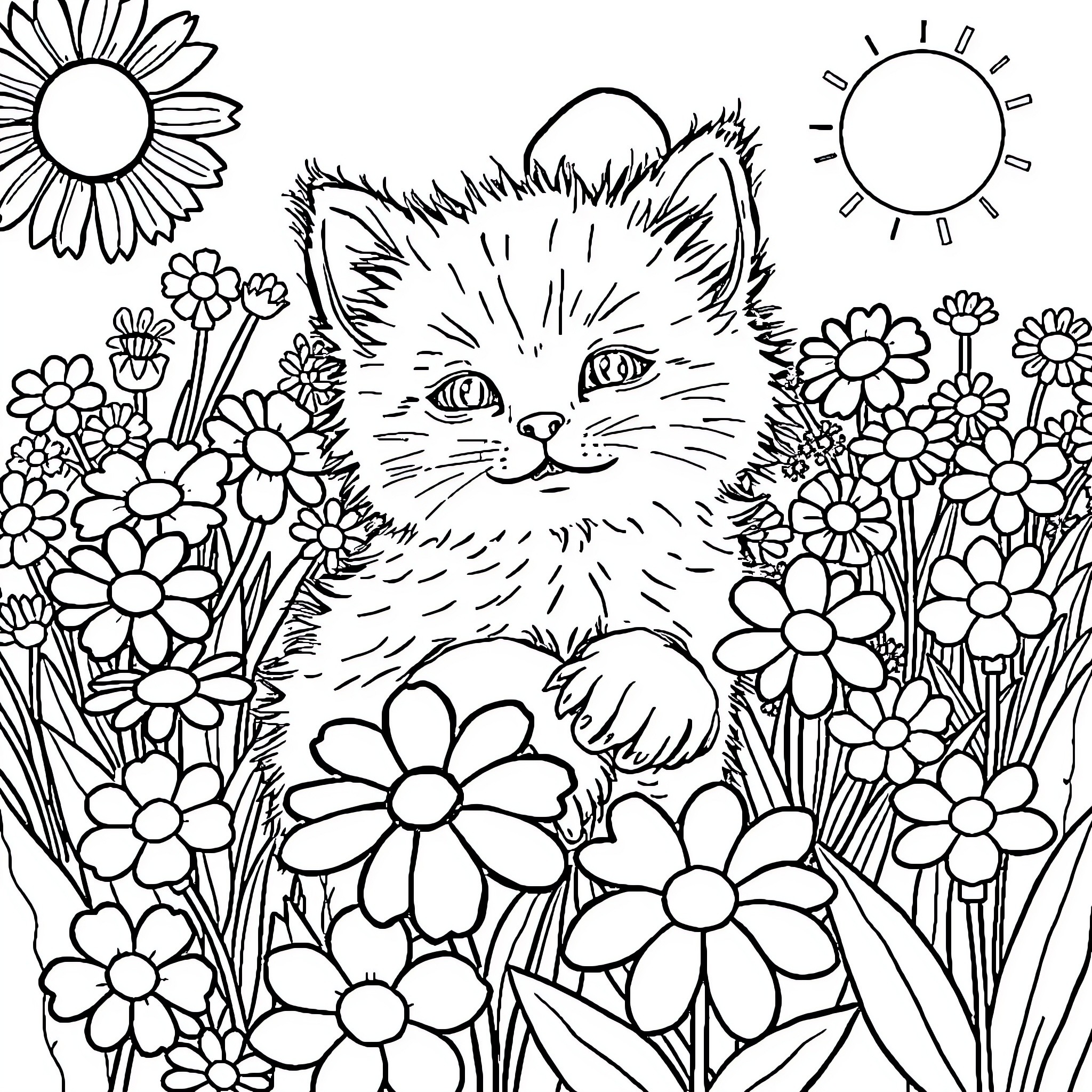 Kitten in a field of flowers Coloring Page (free black-and-white line drawing printable PDF for all, from beginners to advanced learners, including children, teens, adults, and seniors)