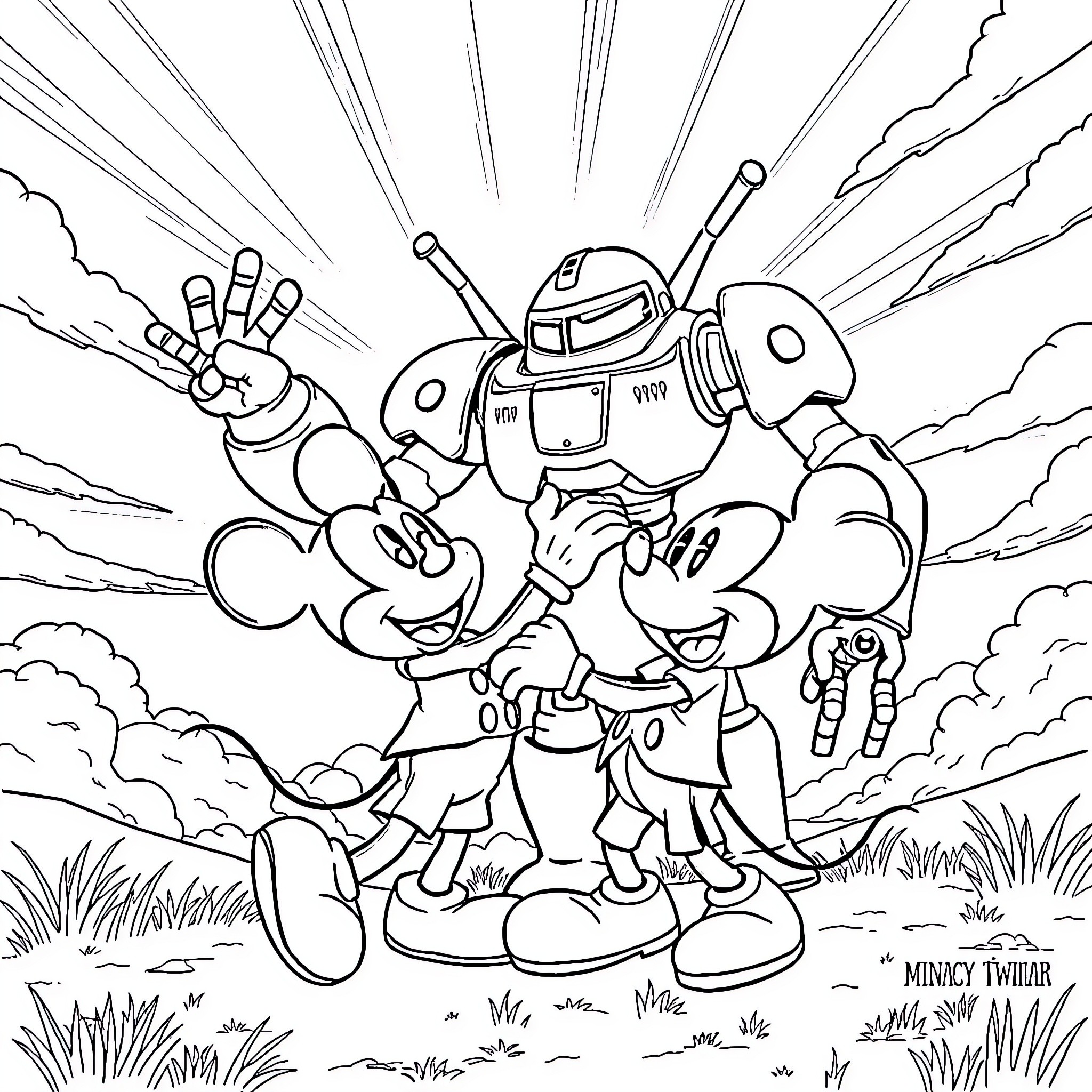 Mickey and Friends Taking on a Giant Robot Coloring Page (free black-and-white line drawing printable PDF for all, from beginners to advanced learners, including children, teens, adults, and seniors)
