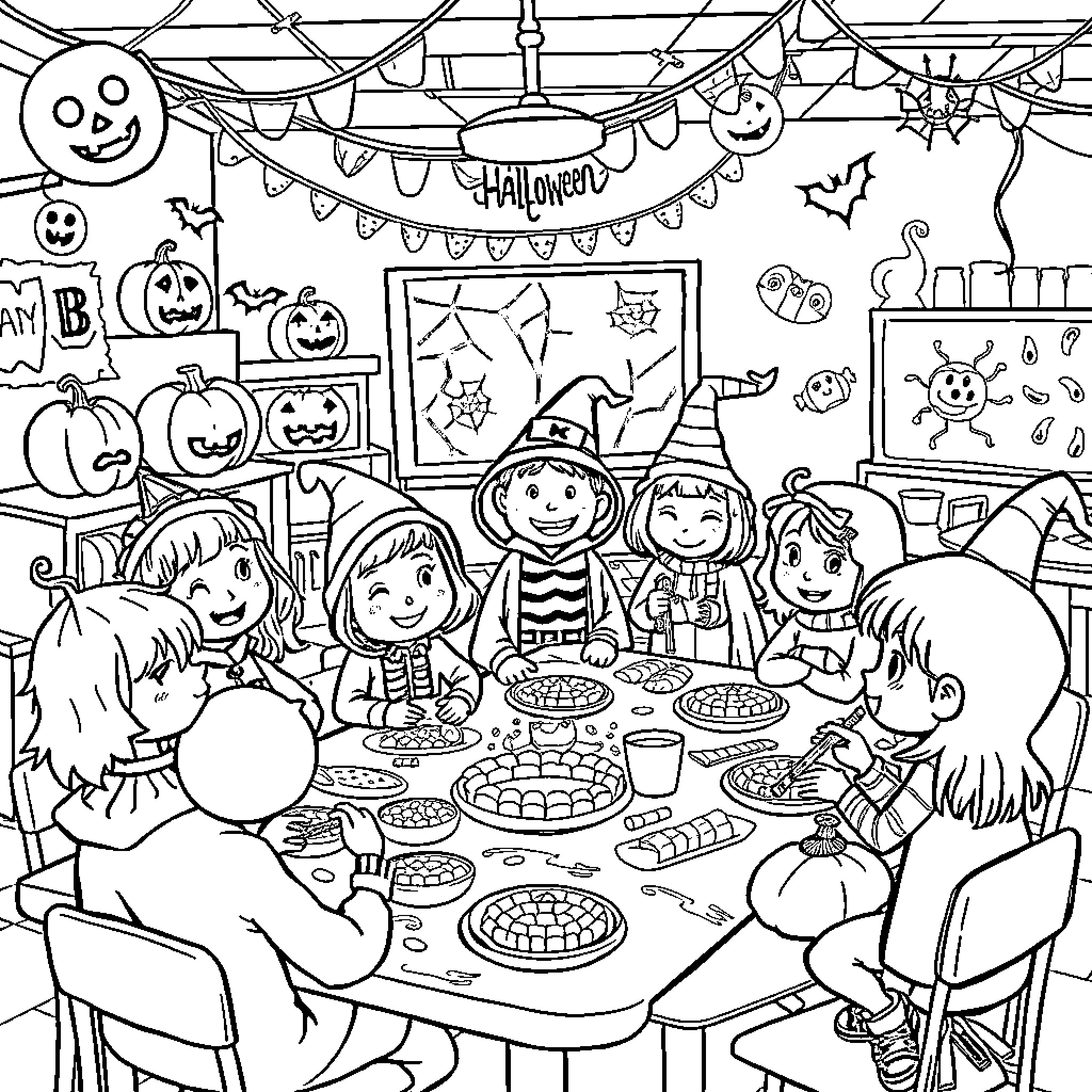 School Halloween party with festive decor and treats Coloring Page (free black-and-white line drawing printable PDF for all, from beginners to advanced learners, including children, teens, adults, and seniors)