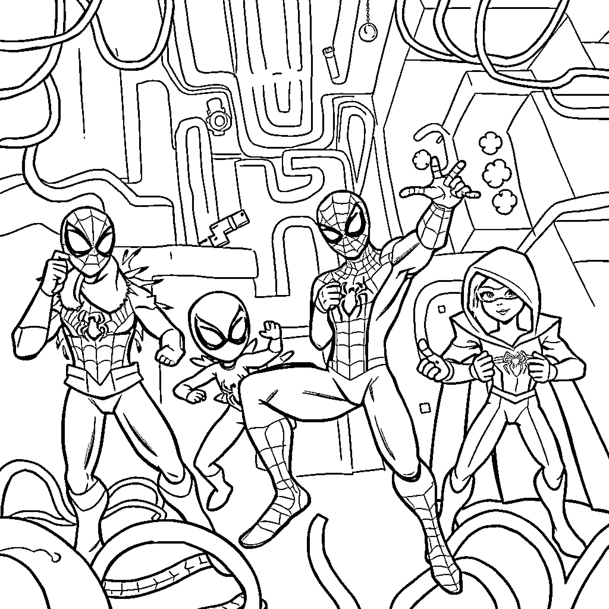 Spider-Man and friends in action-packed adventure Coloring Page (free black-and-white line drawing printable PDF for all, from beginners to advanced learners, including children, teens, adults, and seniors)