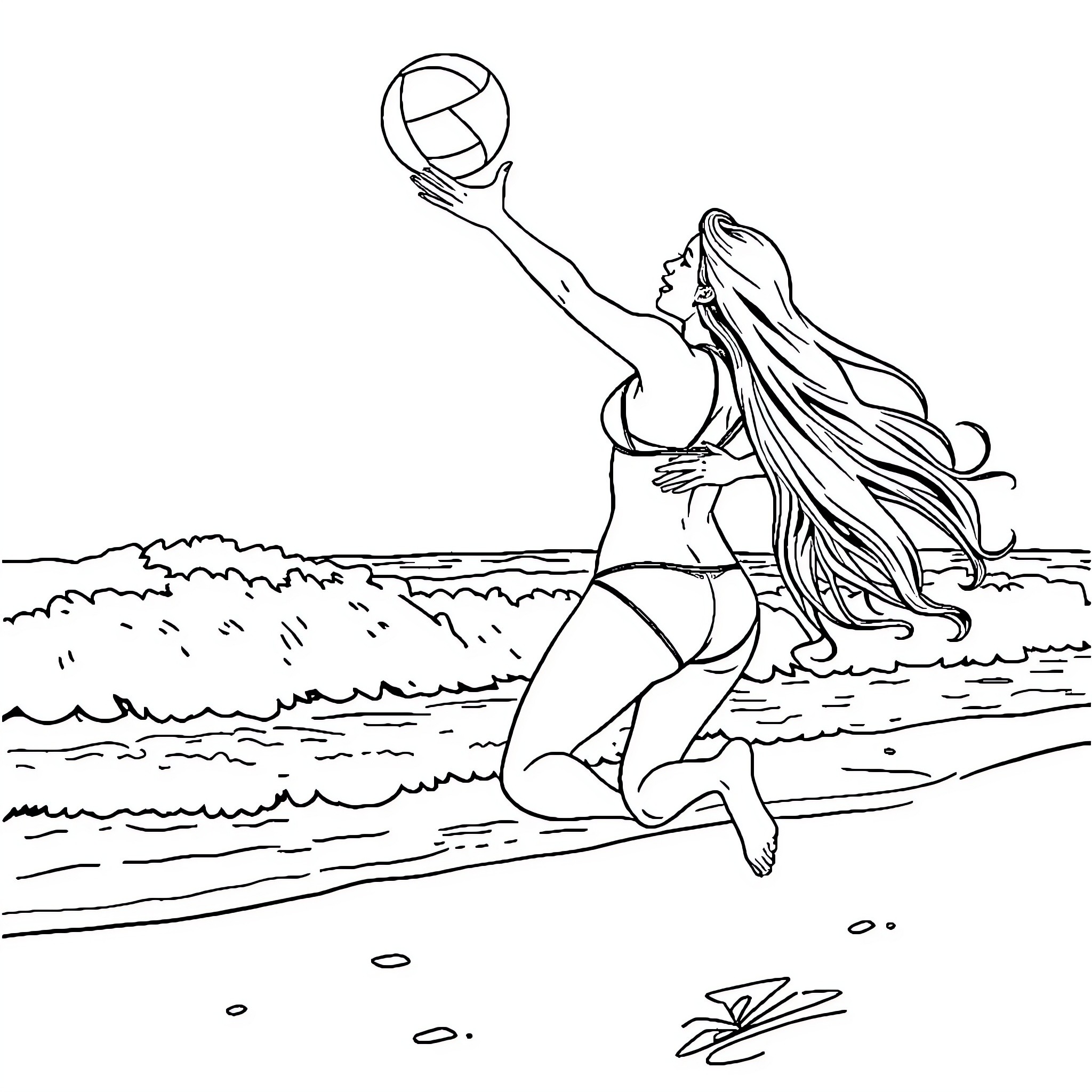 Woman playing with beach ball in the ocean Coloring Page (free black-and-white line drawing printable PDF for all, from beginners to advanced learners, including children, teens, adults, and seniors)
