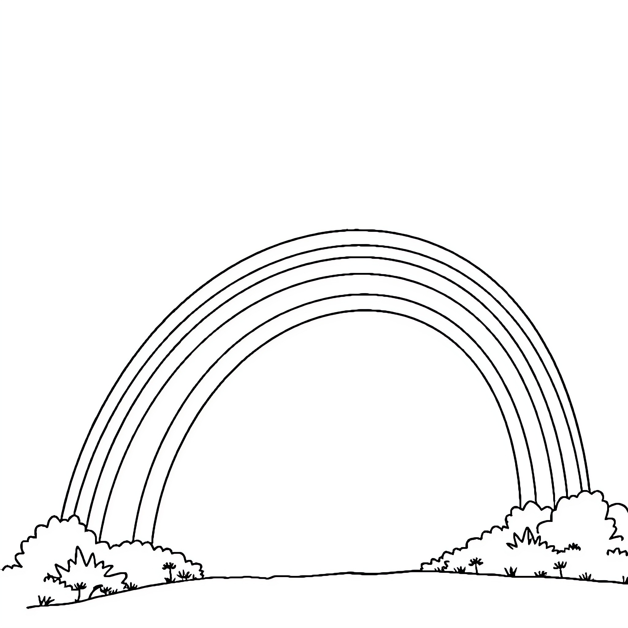 Rainbow arches over scenic landscape Coloring Page (free black-and-white line drawing printable PDF for all, from beginners to advanced learners, including children, teens, adults, and seniors)