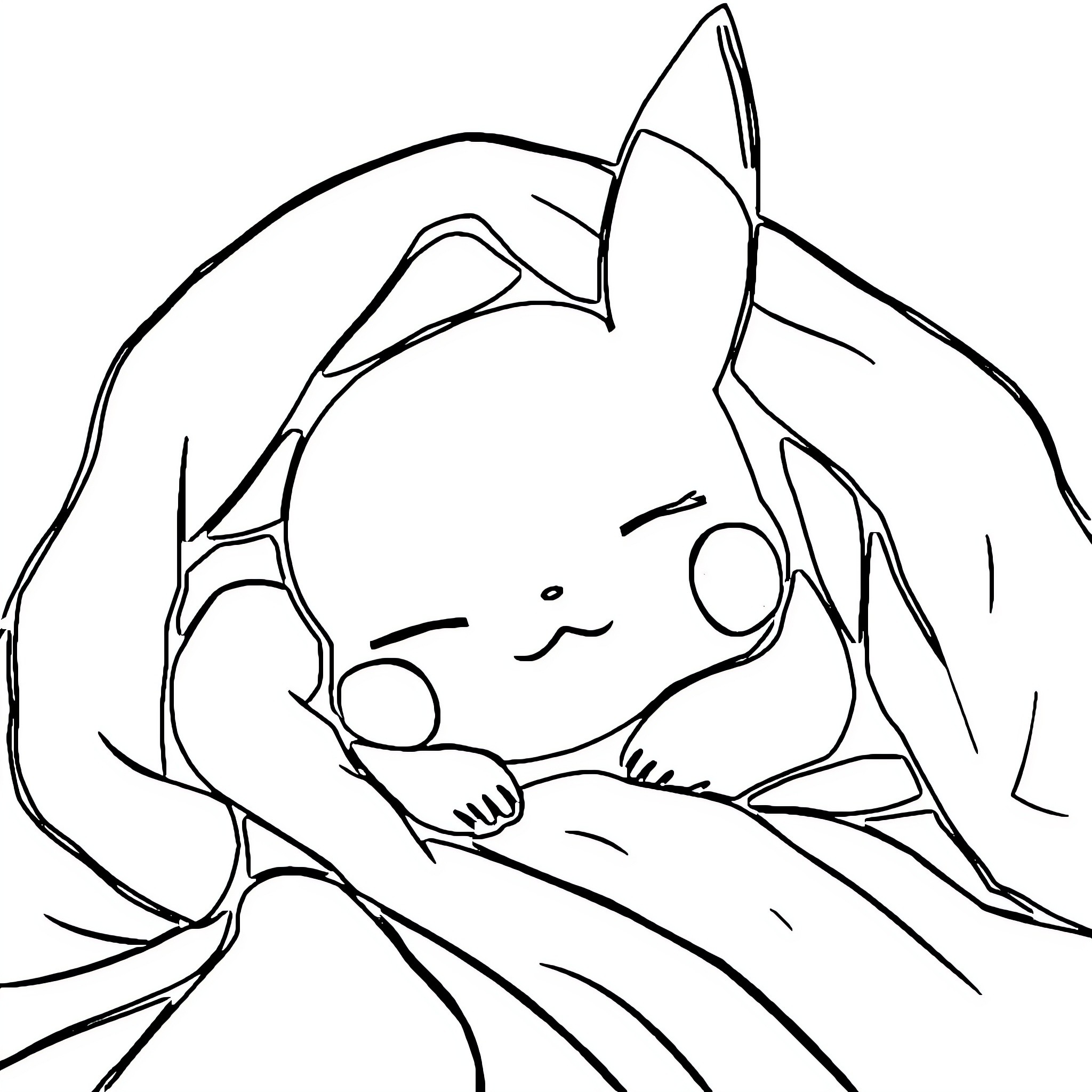 Pikachu sleeping peacefully in a cozy blanket Coloring Page (free black-and-white line drawing printable PDF for all, from beginners to advanced learners, including children, teens, adults, and seniors)