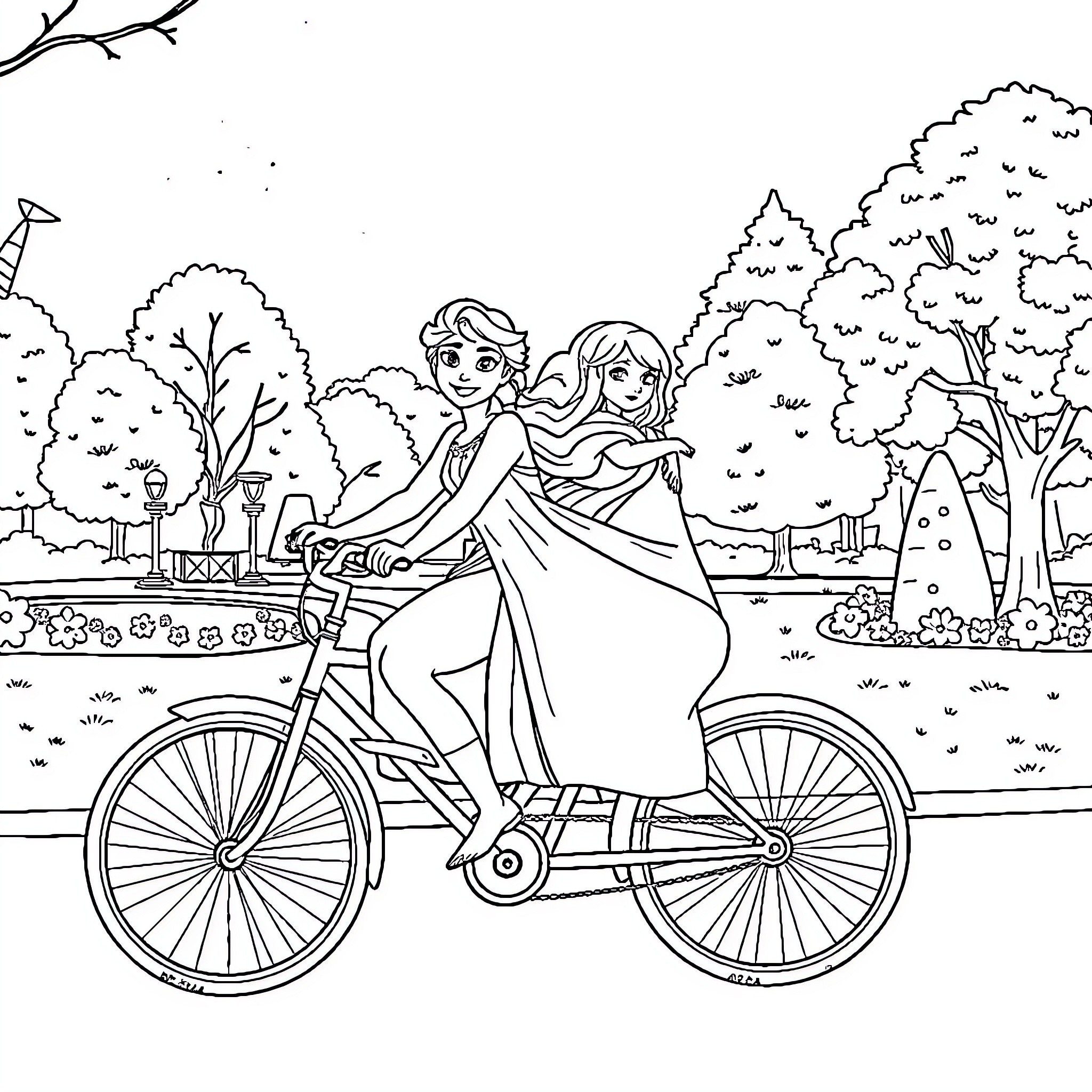 Elsa and friend's bicycle adventure in the park Coloring Page (free black-and-white line drawing printable PDF for all, from beginners to advanced learners, including children, teens, adults, and seniors)