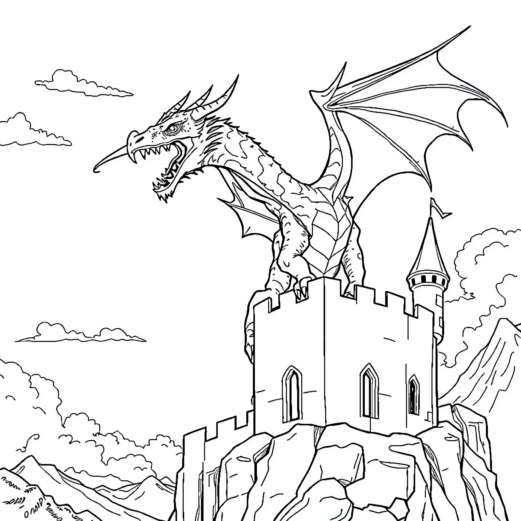 Dragon guarding a medieval castle on a rocky cliff Coloring Page (free black-and-white line drawing printable PDF for all, from beginners to advanced learners, including children, teens, adults, and seniors)