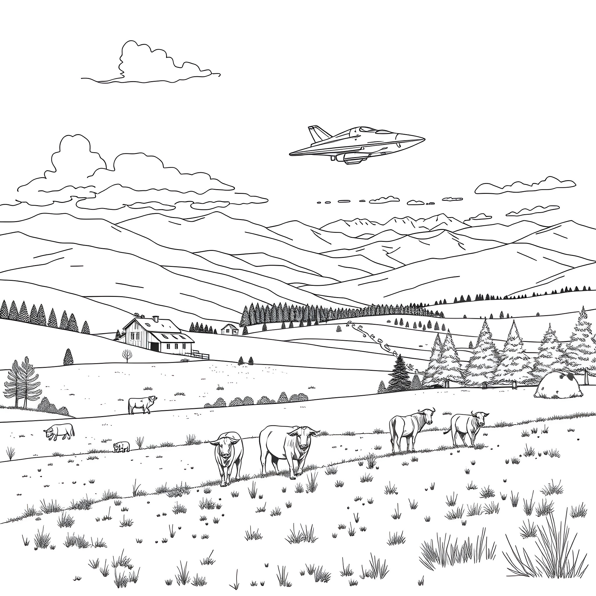 Ranch Scenery with Jet Plane and Cattle Coloring Page (free black-and-white line drawing printable PDF for all, from beginners to advanced learners, including children, teens, adults, and seniors)