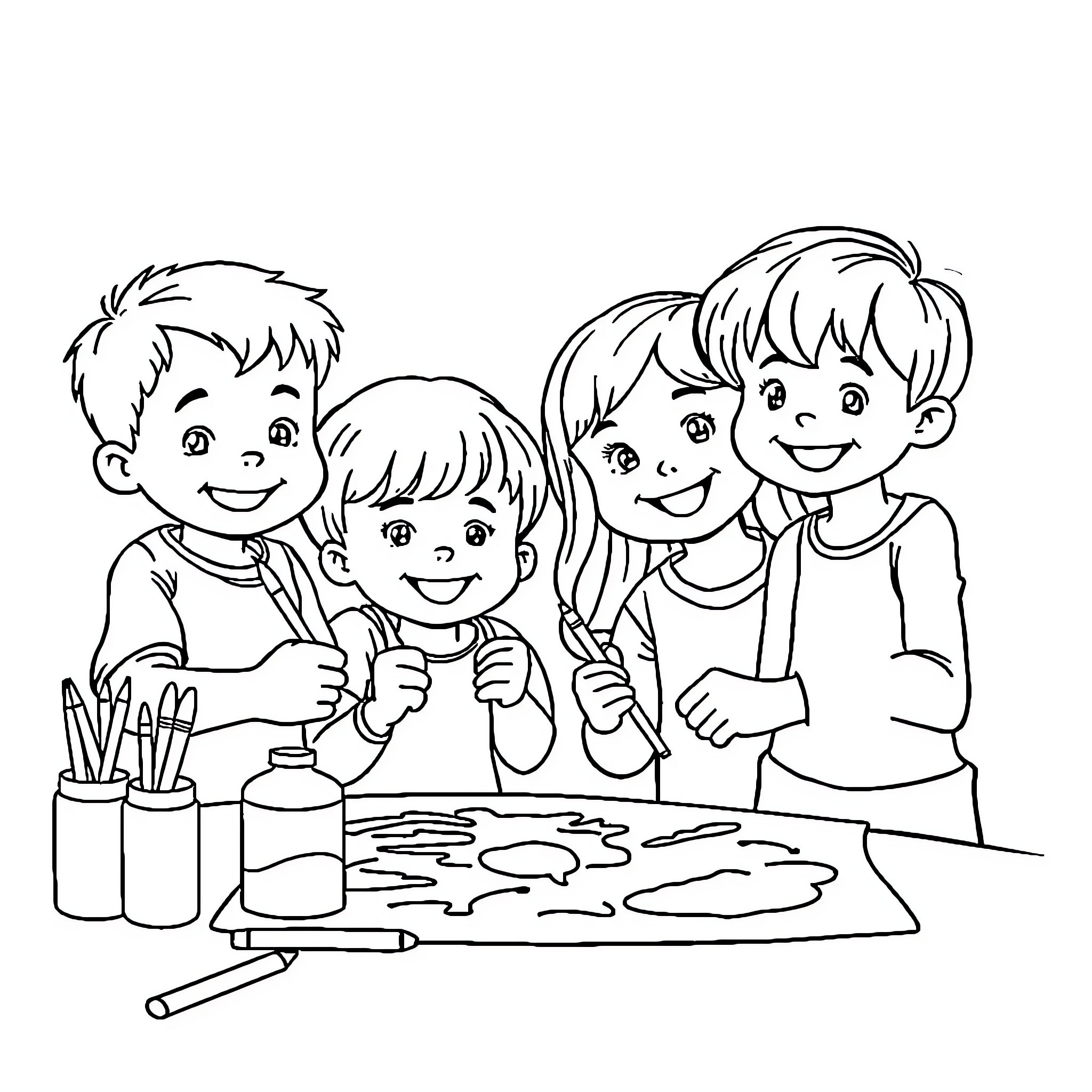 Children Happily Coloring Together at Art Table Coloring Page (free black-and-white line drawing printable PDF for all, from beginners to advanced learners, including children, teens, adults, and seniors)